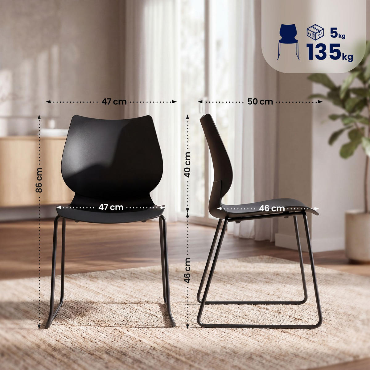 STUHL 2 Kunststoff Schwarz - Schwarz, Kunststoff/Metall (47/86/50cm) - CLP