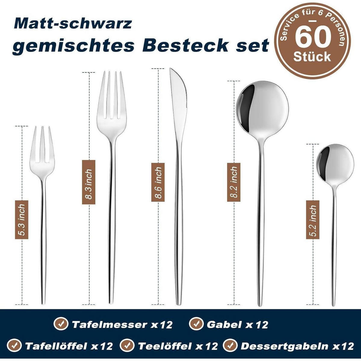 BESTECKSET 60-teilig für 12 Personen Edelstahl spülmaschinenfest - Silberfarben, Metall