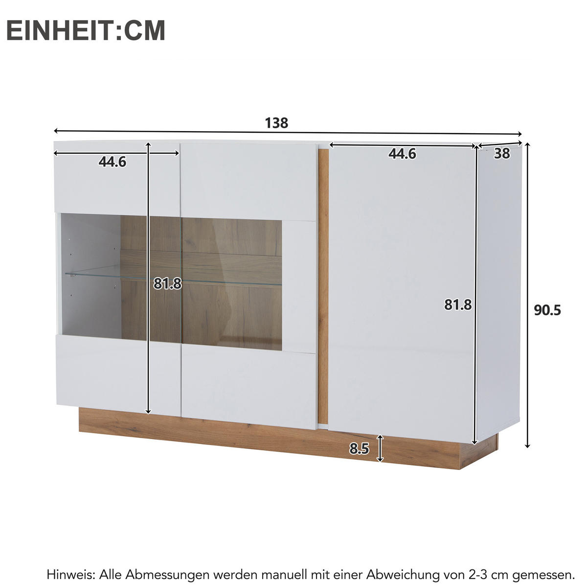 SIDEBOARD aus Spanplatte 138x38,5x90,5 cm Weiß mit RGB-LED, Glasdetails und 3 Türen in Hochglanz - Weiß, Holzwerkstoff (138/90.5/38cm) - Modfu