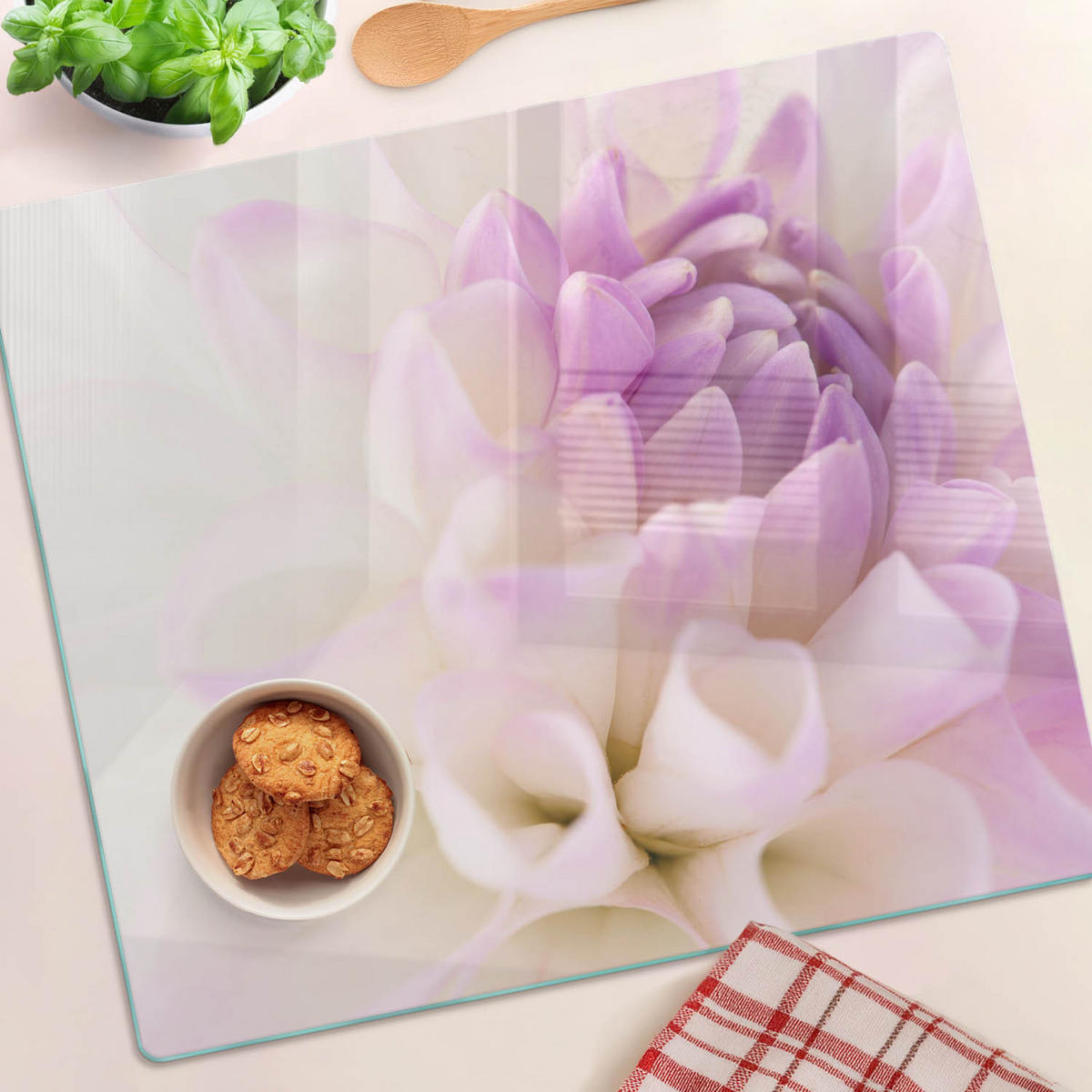 GLASPLATTE 60x52 cm Weiße Dahlie - Lila, Glas (60/0.4/52cm) - TULUP
