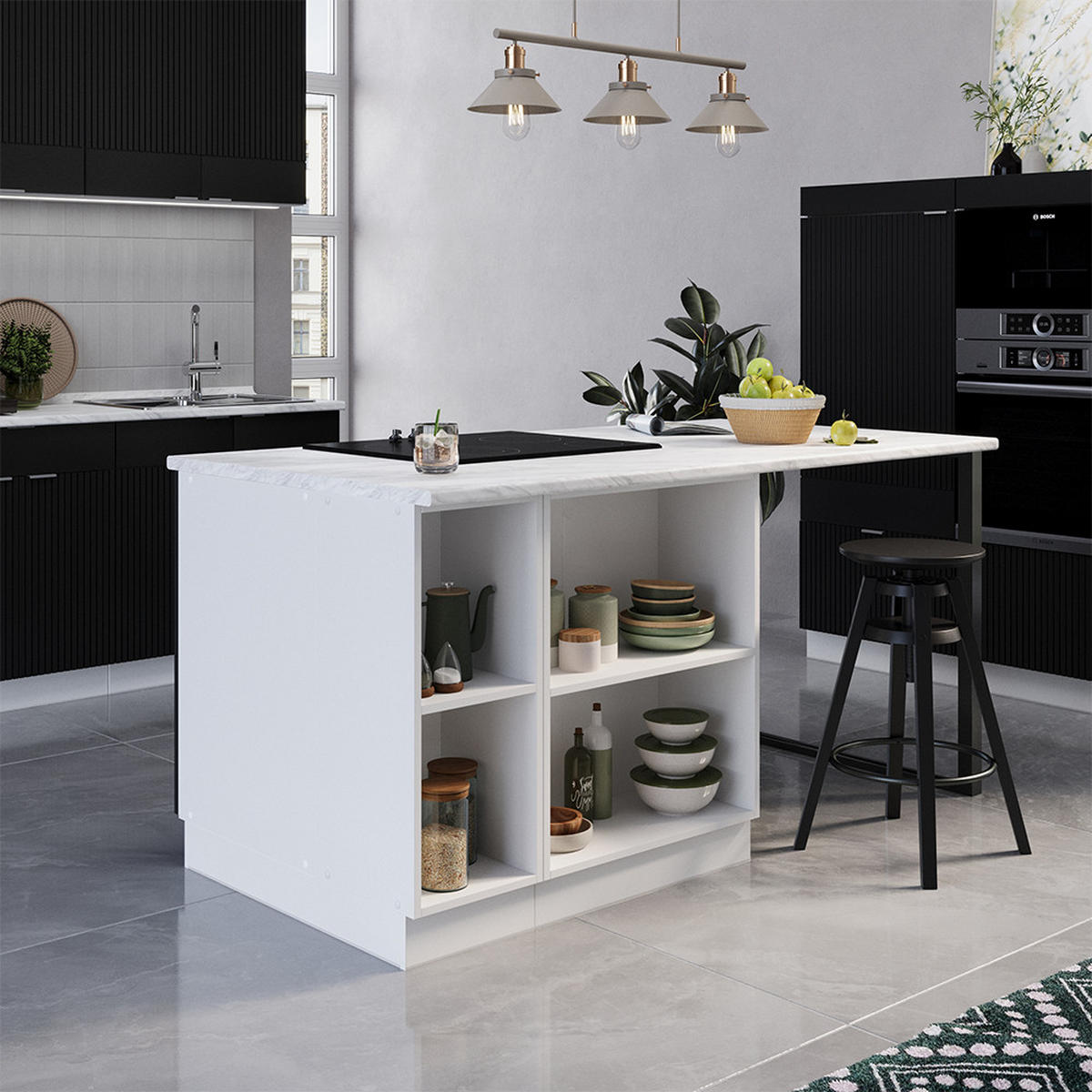 KÜCHENINSEL Fame-Line, Schwarz gestreift, 90 cm mit Schublade, ohne Arbeitsplatte - Schwarz/Weiß, Holzwerkstoff (90/82/60cm) - Vicco