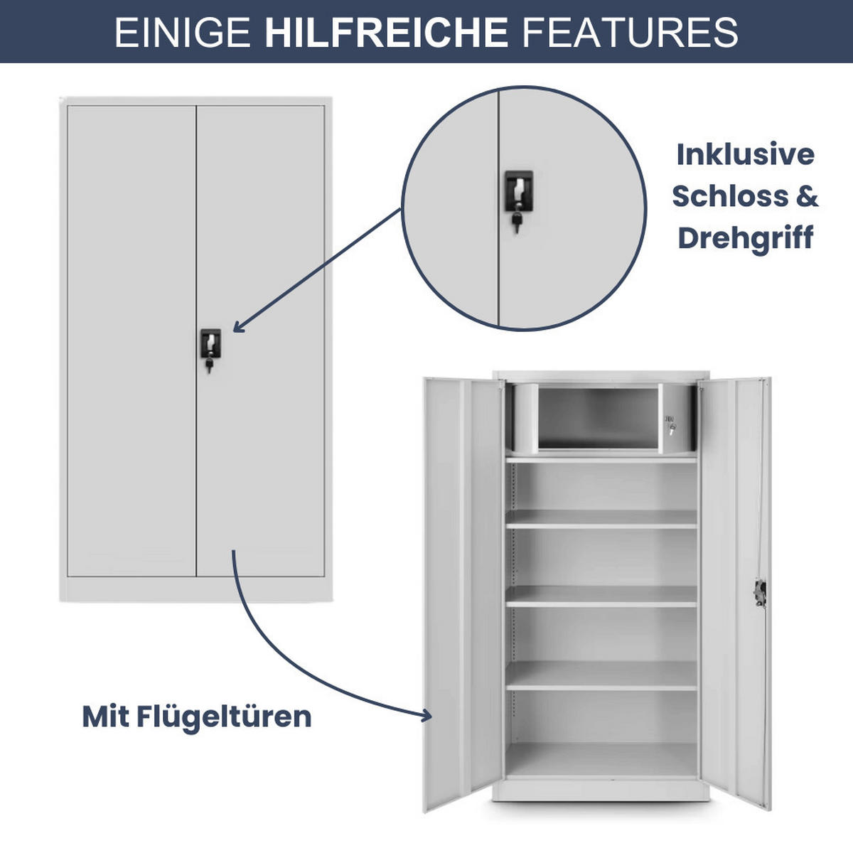 METALLSCHRANK abschließbar KODLI mit Geheimfach 185x90x45cm Grau - Grau, Metall (90/185/45cm) - DELUKE