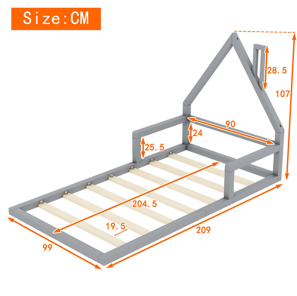 KINDERBETT aus massivem Kiefernholz und MDF 90x200 cm Grau in Hausform, pflegeleicht und stabil - Grau, Holzwerkstoff (90/200cm) - Modfu
