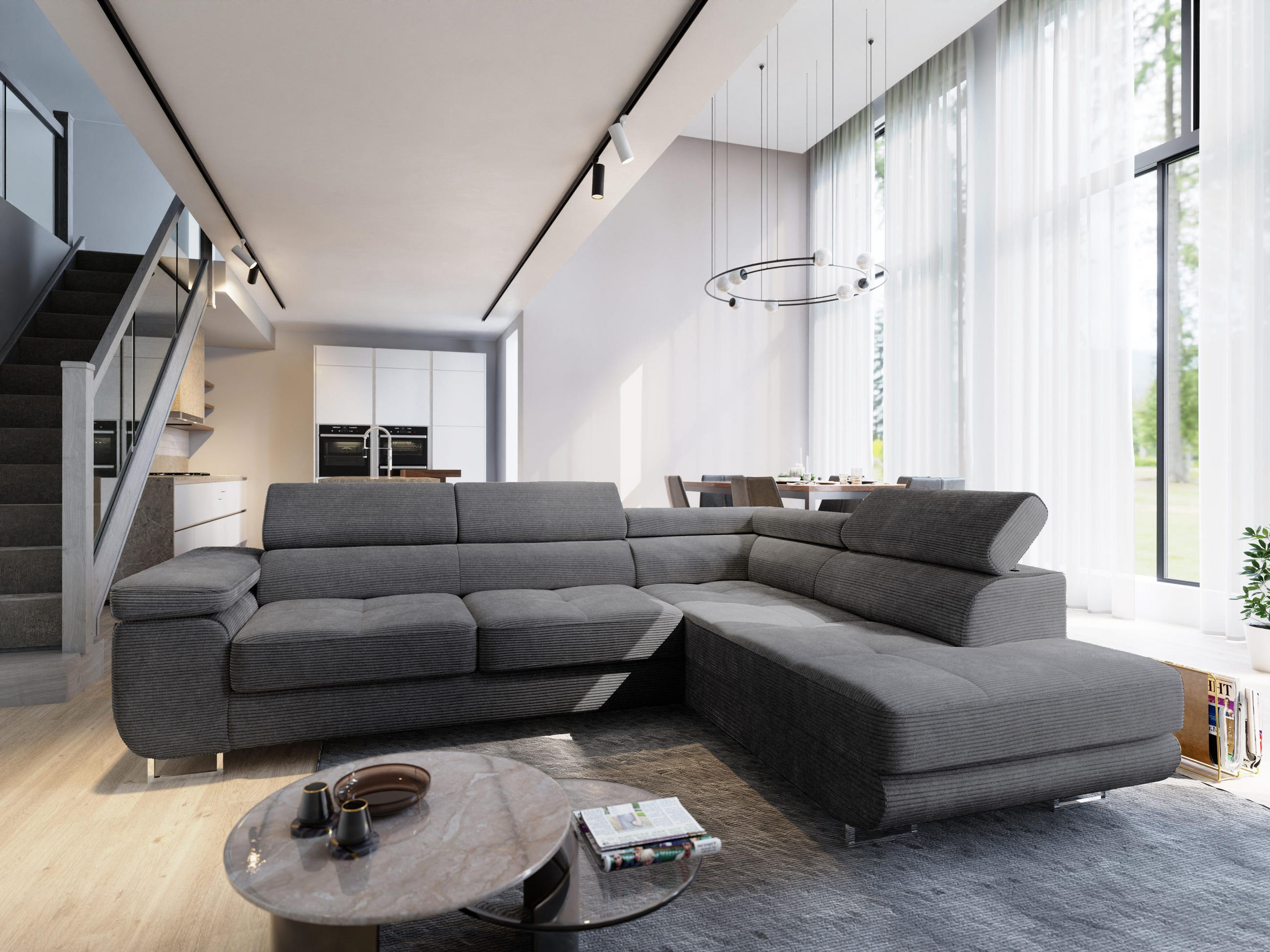 ECKSOFA APIRO R-S Graphitfarben Kordstoff mit Schlaffunktion - Graphitfarben, Holz (276/202cm) - MASSENO