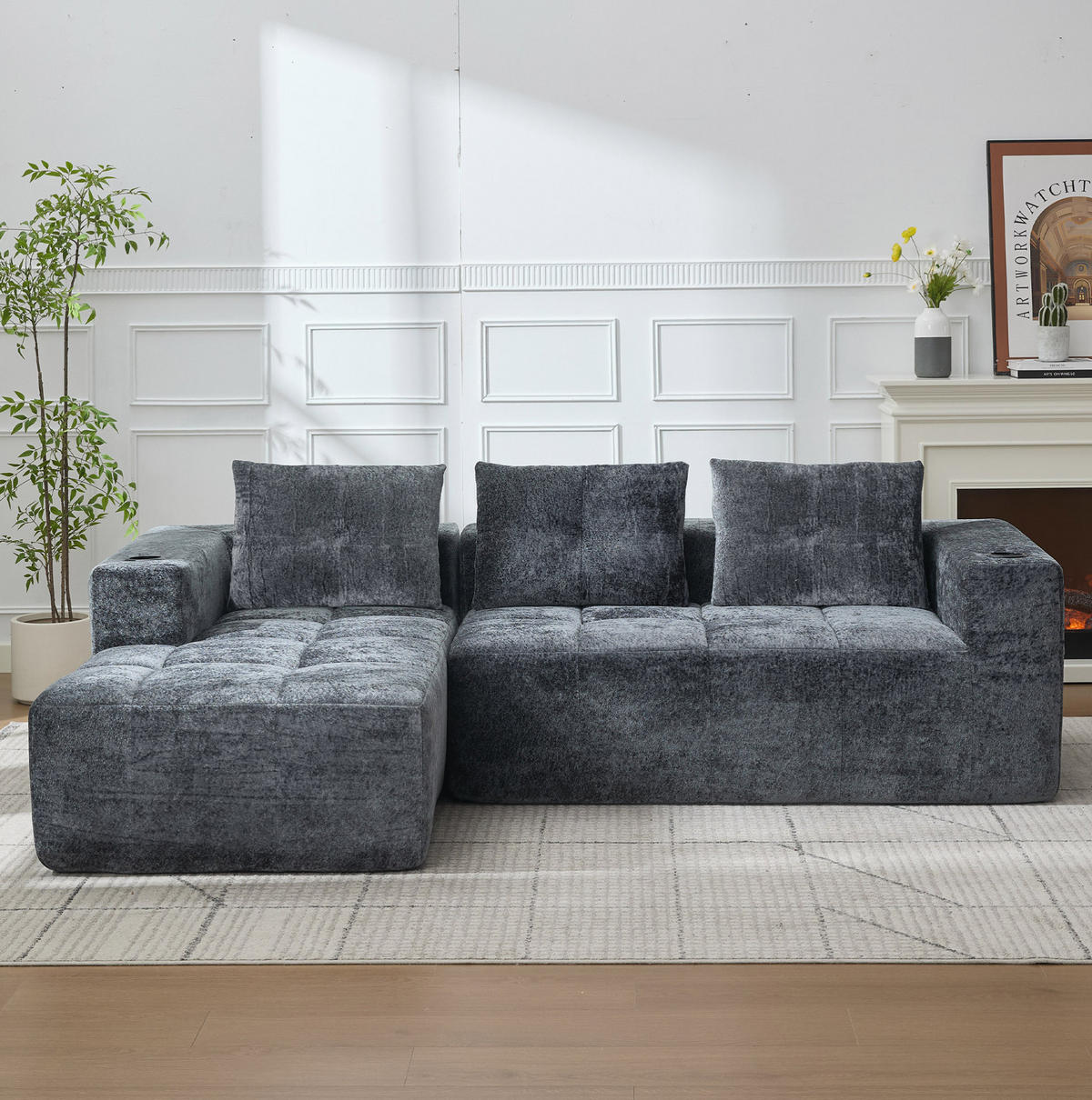 ECKSOFA 258 cm mit Becherhaltern, tiefer Sitzfläche und Chenillebezug, Grau - Grau, Textil (258/163cm) - Redom