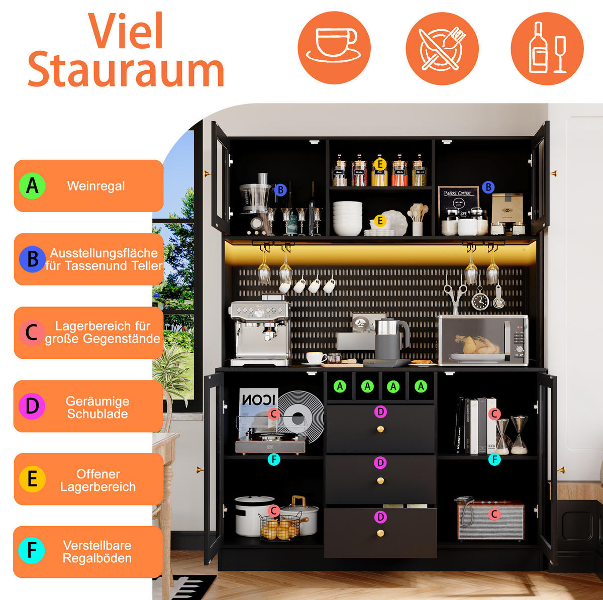 BUFFET 140/40/185,7 cm schwarz aus MDF und Glas mit LED-Beleuchtung - Schwarz, Holzwerkstoff (140/185.7/40cm) - OKWISH