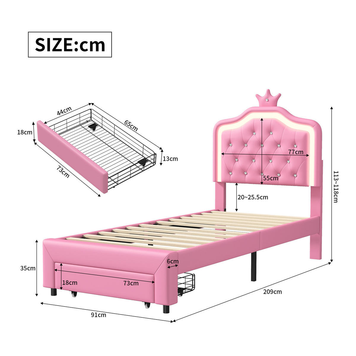 POLSTERBETT 90x200 cm, Rosa, mit LED-Leuchten & Schubladen - Rosa, Textil/Metall (90/200cm)