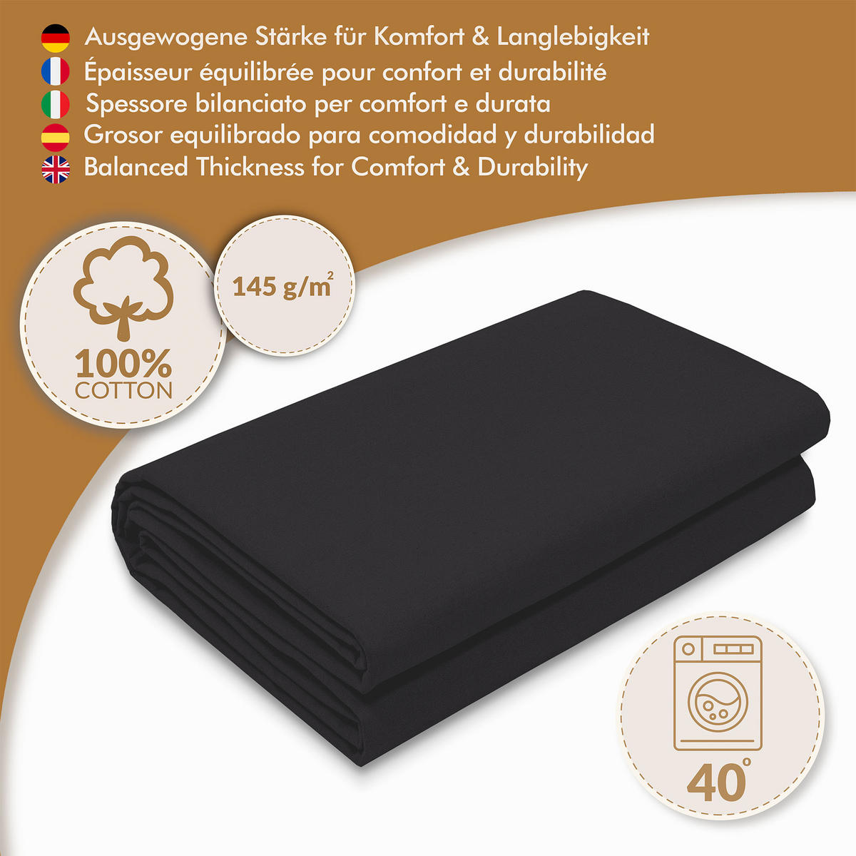 BAUMWOLLSTOFF Schwarz 160 cm breit, 145 g/m², uni schwarz, langlebige Baumwoll-Leinwand für Nähen & Deko - Schwarz, Textil (160/100cm) - Dreamroots