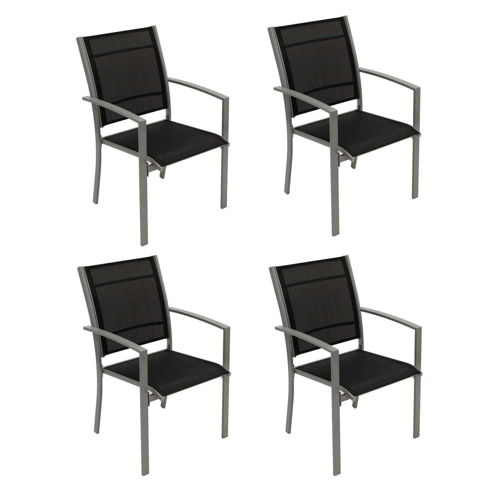 GARTENSTUHL Leeds, Metall silber + Textilgewebe schwarz, 4-er Set - Grau, Metall (55/89/64cm) - TPFGarden