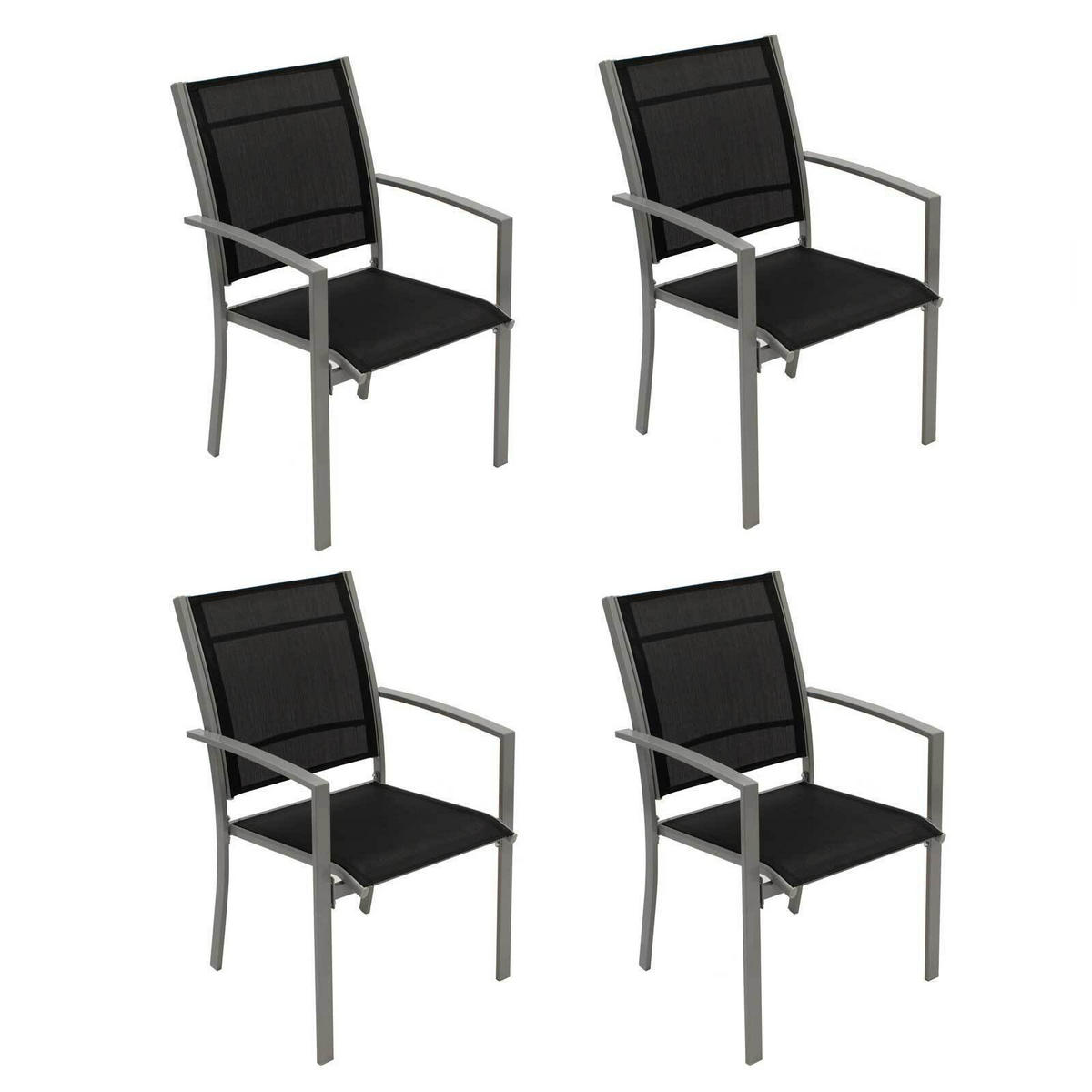 GARTENSTUHL Leeds, Metall silber + Textilgewebe schwarz, 4-er Set - Grau, Metall (55/89/64cm) - TPFGarden