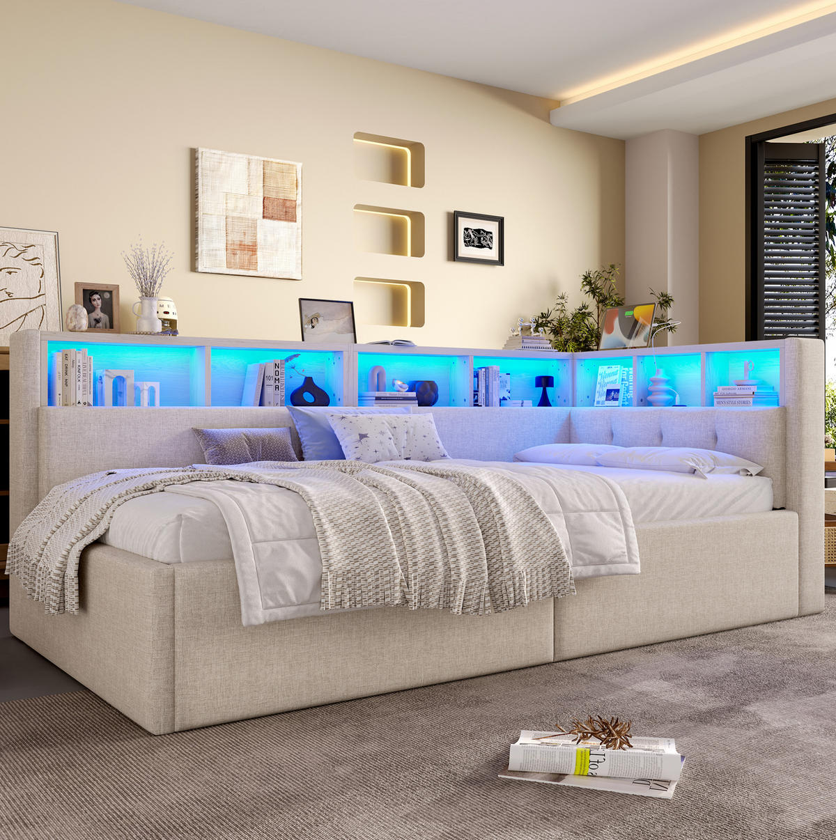 BETT mit Kopfteil 90/200 cm in Beige – mit Bettkasten, USB-C und LED - Beige, Textil (90/200cm) - BEAOK