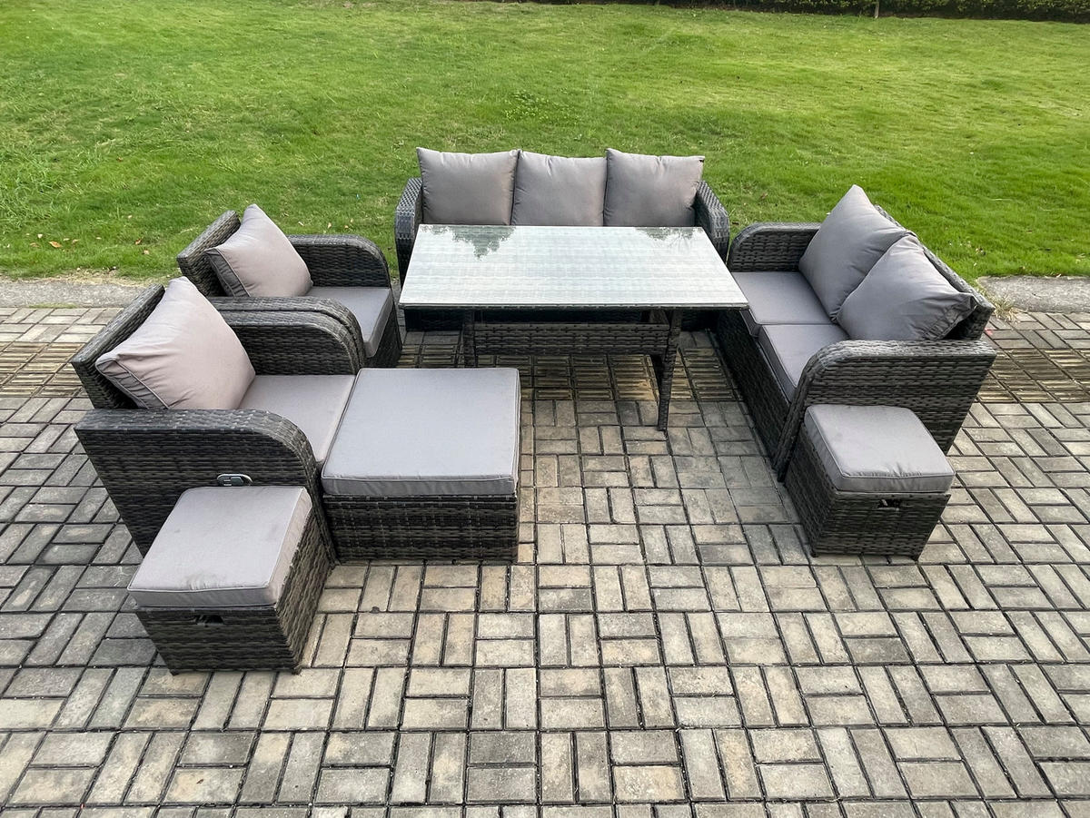 Gartenmöbelset mit Esstisch,3-Sitzer Sofa,3 Hockern Polyrattan Dunkelgrau 10-Sitzer - Dunkelgrau/Grau, Glas/Kunststoff - Fimous