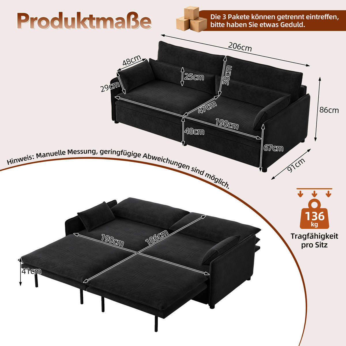 SCHLAFSOFA 3-in-1 ausziehbar mit Staufach, DE-42857, Schwarz - Schwarz, Holzwerkstoff (206/86/91cm) - ComfortXL