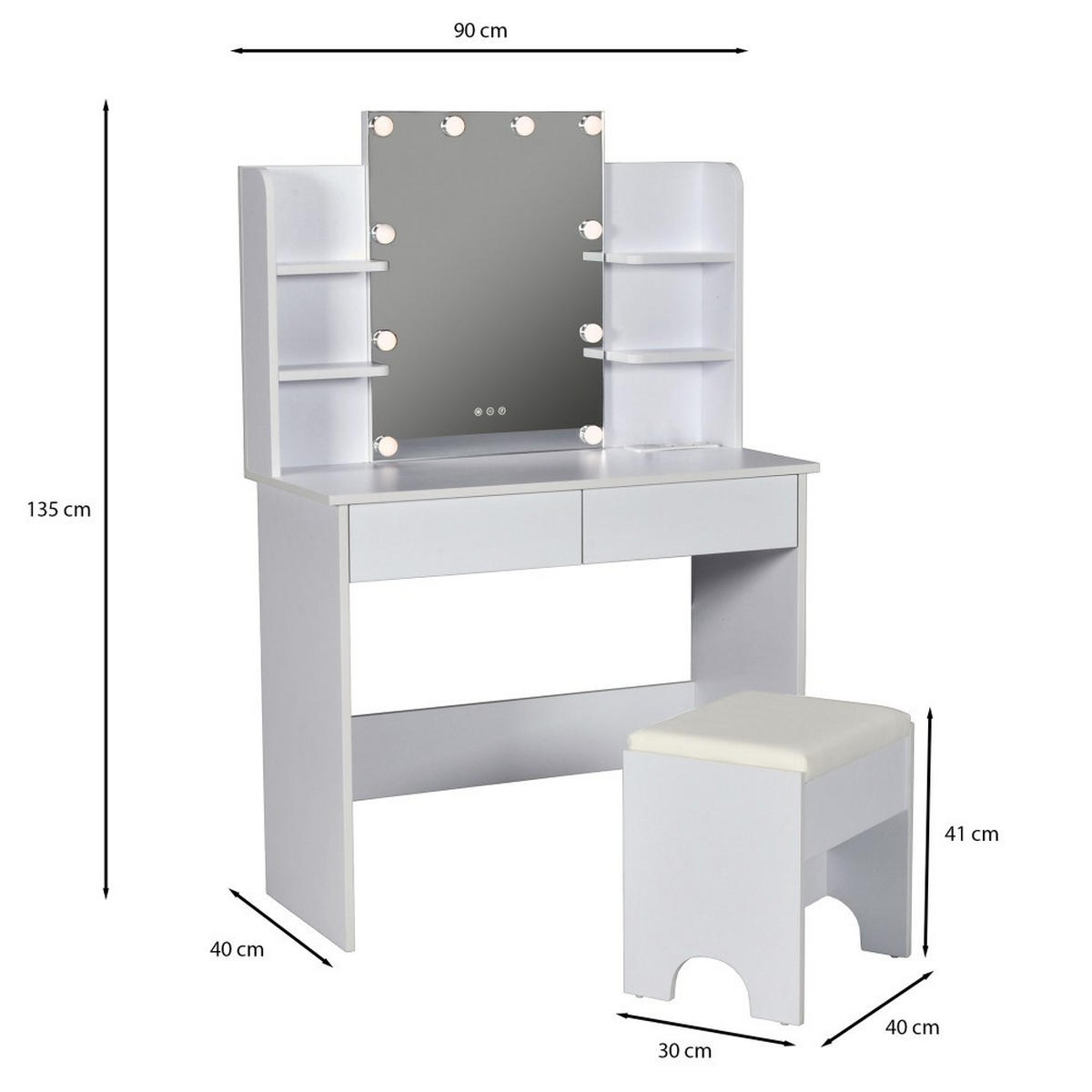 SCHMINKTISCH ALICE mit Spiegel, Beleuchtung und Hocker / Weiß - Weiß, Holzwerkstoff (90/135/40cm) - Weber Industries