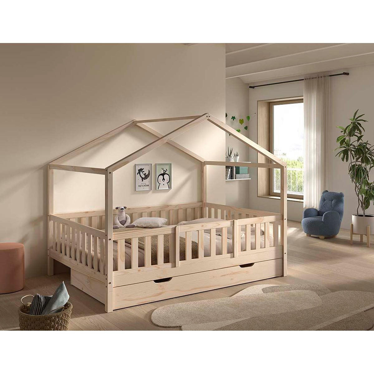HAUSBETT Kapua 140x200 mit Bettschublade Rausfallschutz Kiefer massiv - Kieferfarben, Holz (140/200cm) - 58aufmkessel