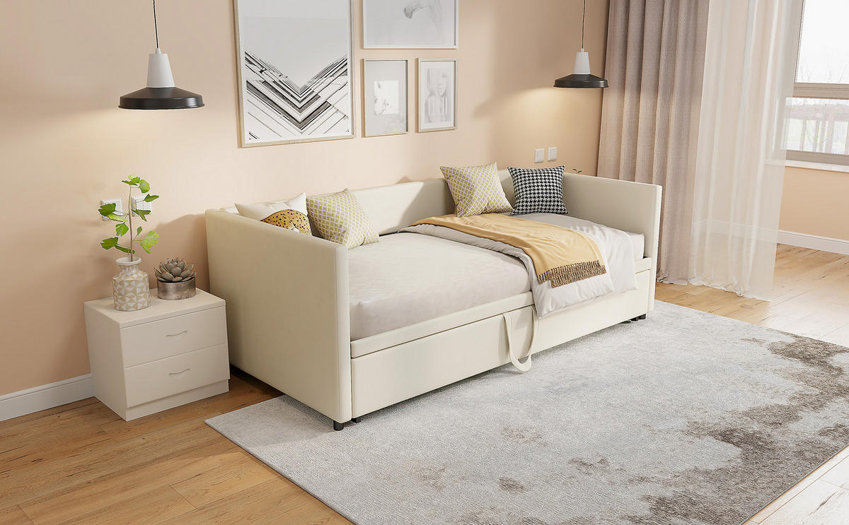 SCHLAFSOFA 90x200cm beige samt ausziehbar 180x200cm - Beige, Holzwerkstoff (180/200cm) - SHOPENTRA