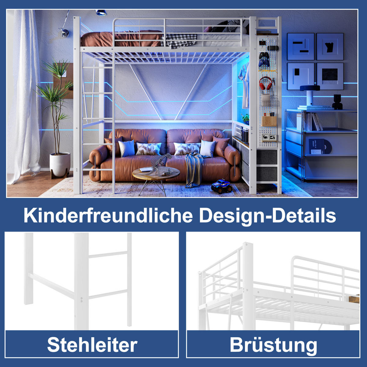 HOCHBETT 90/200 cm in Weiß mit LED-Beleuchtung, Stauraum und USB- und Type-C-Anschlüssen - Weiß, Metall (90/200cm) - Flora Grace