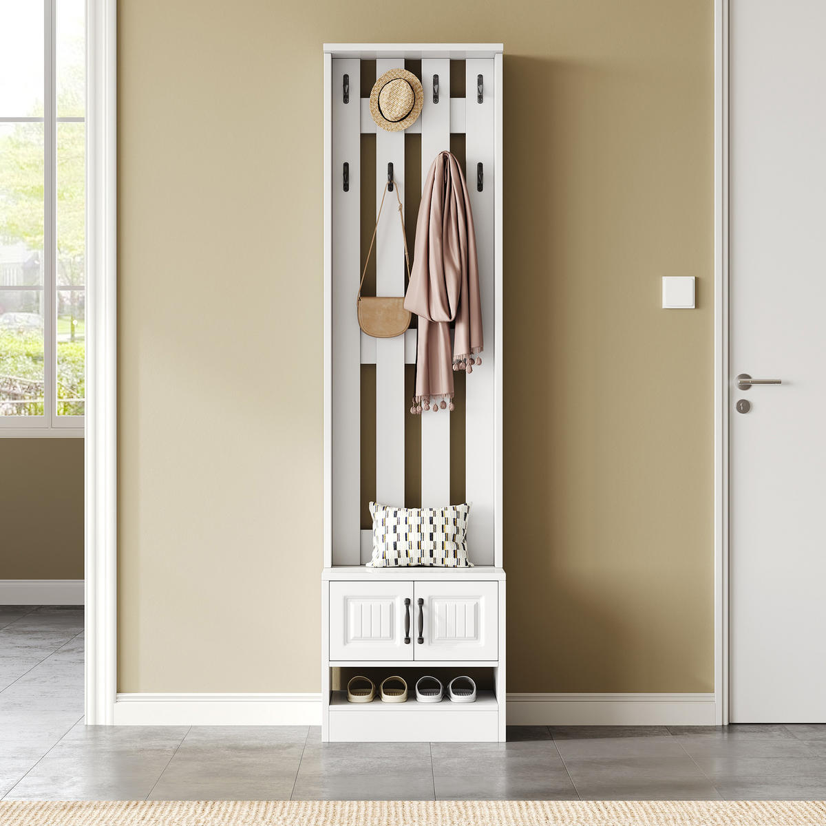 GARDEROBE Schuhschrank 2 Türen mit 8 Haken B50xT36xH190 Weiß - Weiß, Holzwerkstoff (36/190/50cm) - FLIEKS