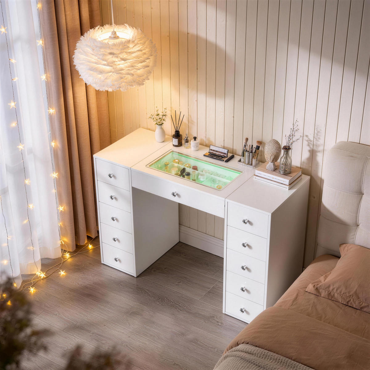 KONSOLENTISCH mit LED 11 Schubladen 130/55/81 CM - Weiß, Metall (55/130/81cm) - VANITII