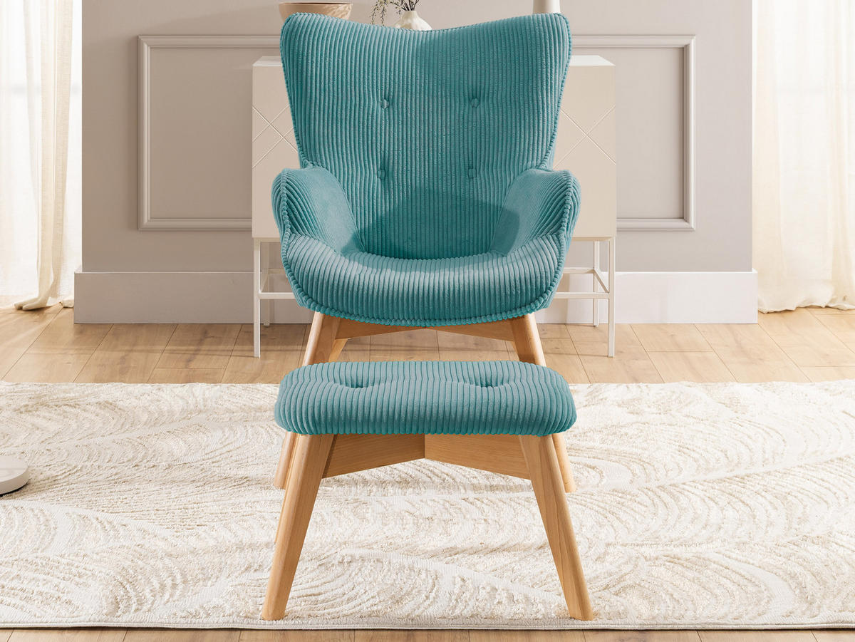 LOUNGESESSEL mit Fußhocker Lenari Türkis Cordstoff mit Füßen in Natur - Türkis/Naturfarben, Holz/Textil (71/96/86cm) - S-Style Möbel