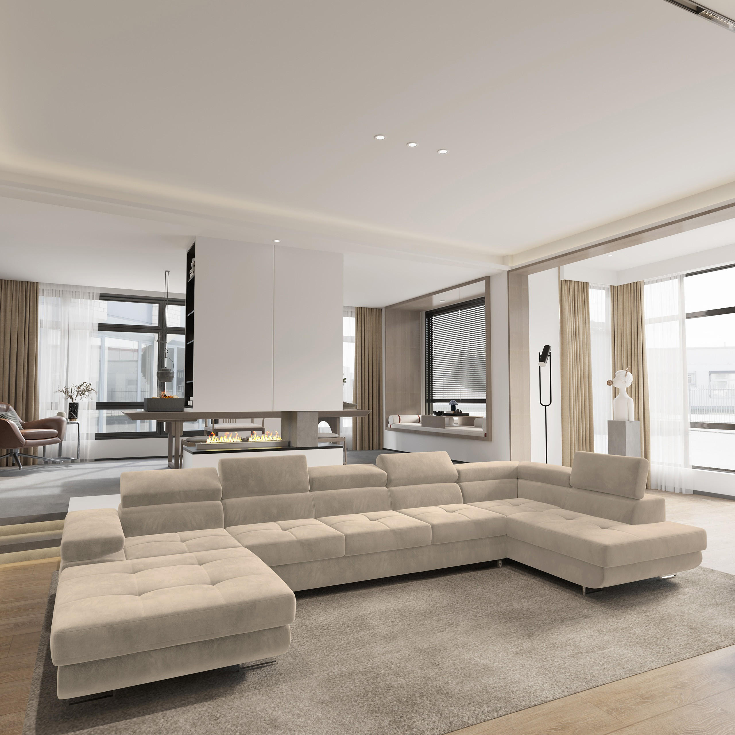 WOHNLANDSCHAFT TORIVA R-S Creme Velours-Stoff mit Schlaffunktion - Creme, Holz (418/90/202cm) - MASSENO