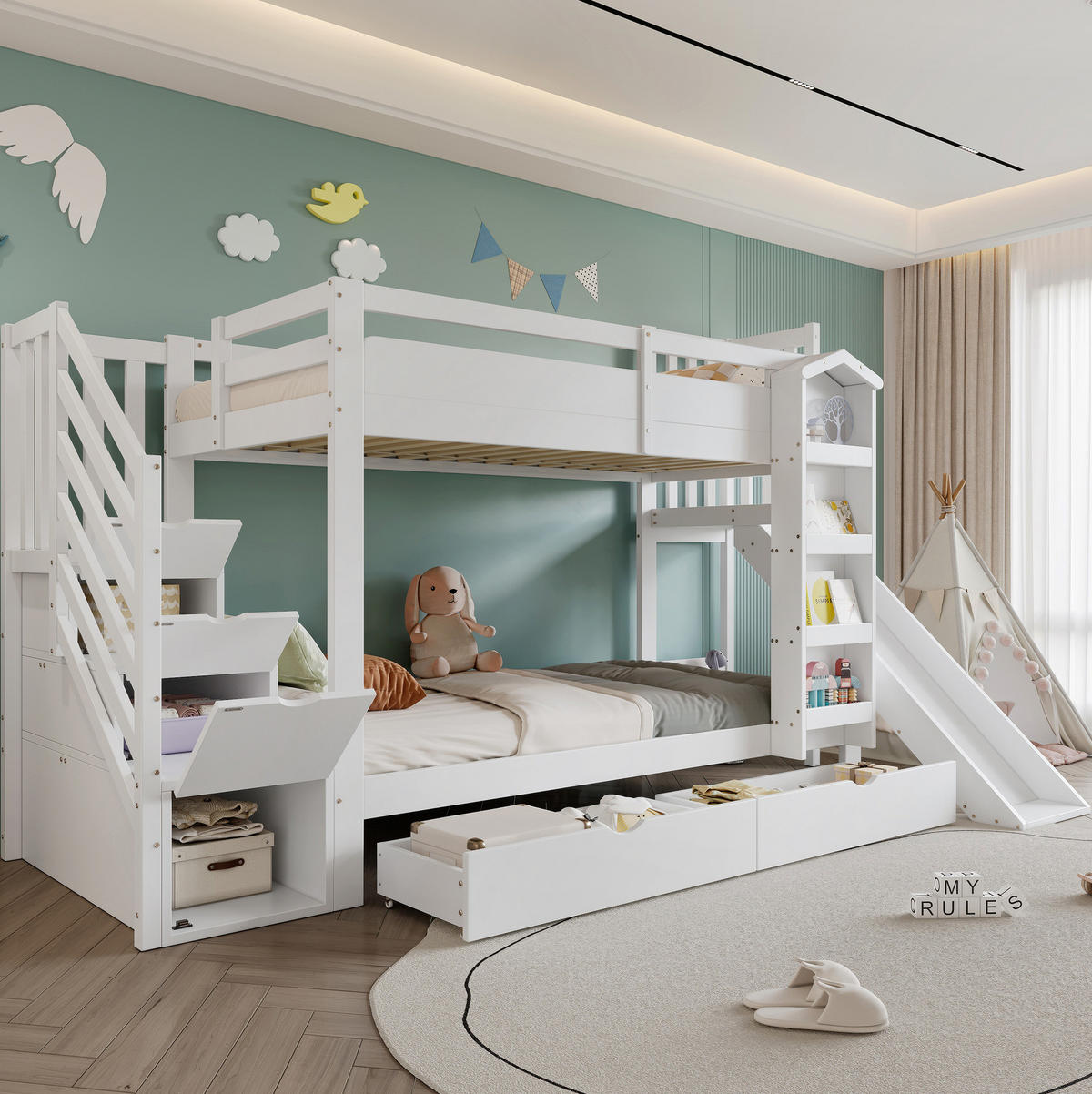 POSCHODOVÁ posteľ 90/200 cm biela so šmykľavkou, schodmi s úložným priestorom a zásuvkami z borovice a MDF - biela, drevo (90/200cm) - OKWISH