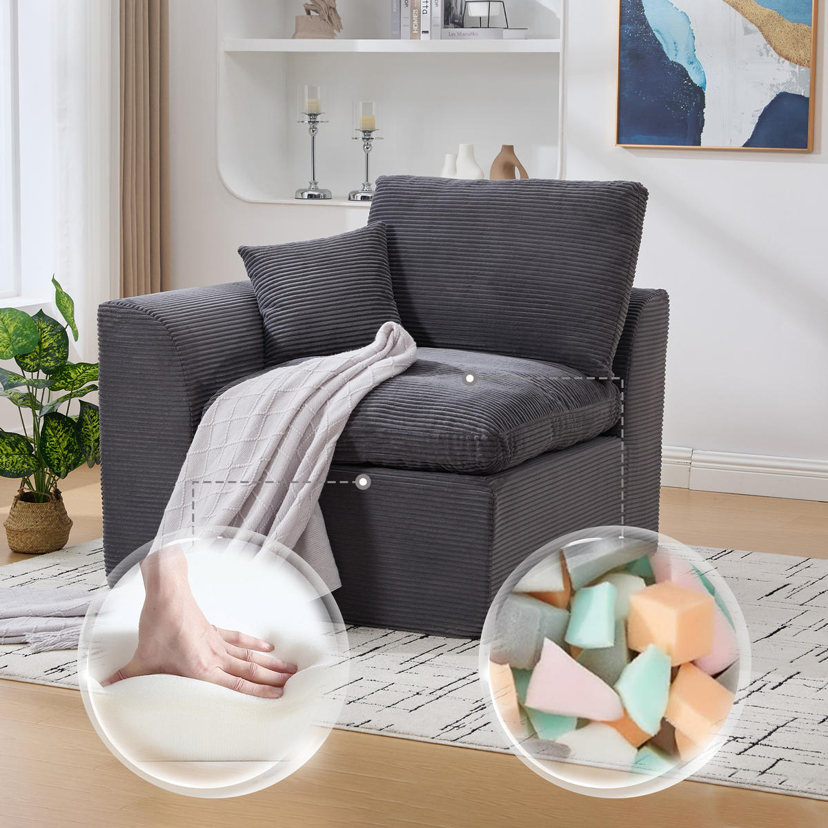 SESSEL Cord-Sofa mit Federkern-Polsterung und Kissen, Montagefrei - Dunkelgrau, Textil (101/84/102cm) - Urban Meuble