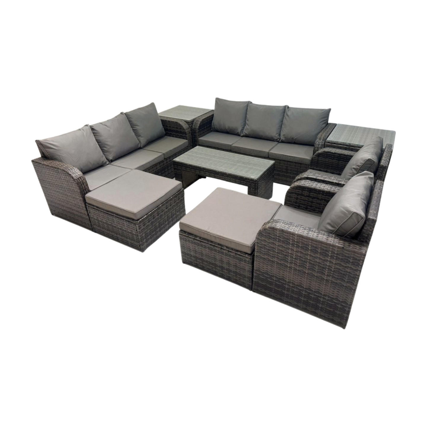 GARTENSOFA SET mit rechteckigem COUCHTISCH Polyrattan 10-Sitzer Dunkelgrau - Dunkelgrau/Grau, Glas/Kunststoff - Fimous