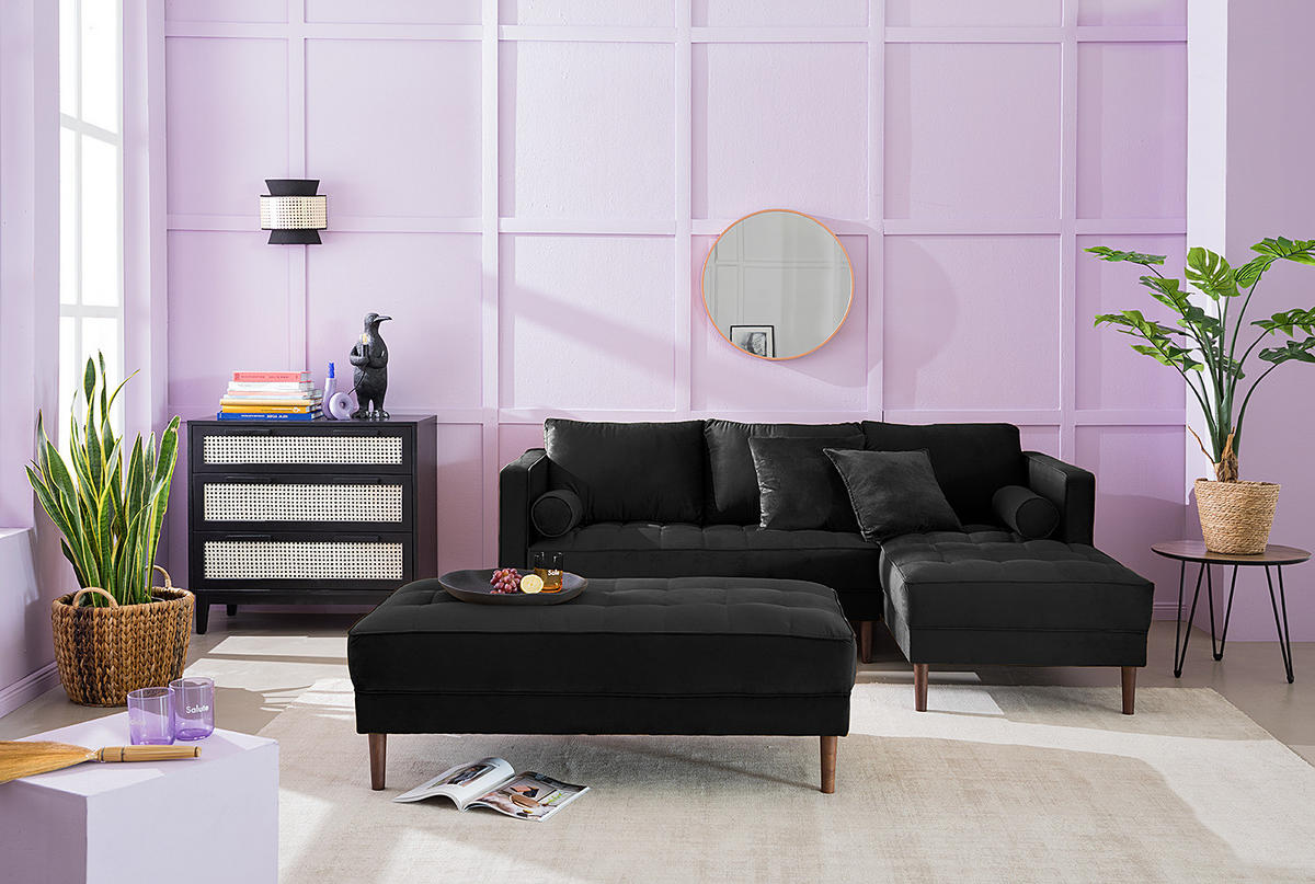 ECKSOFA - Samt - Dunkelbraun/Schwarz, Birkenholz/Textil (201/155cm) - home24