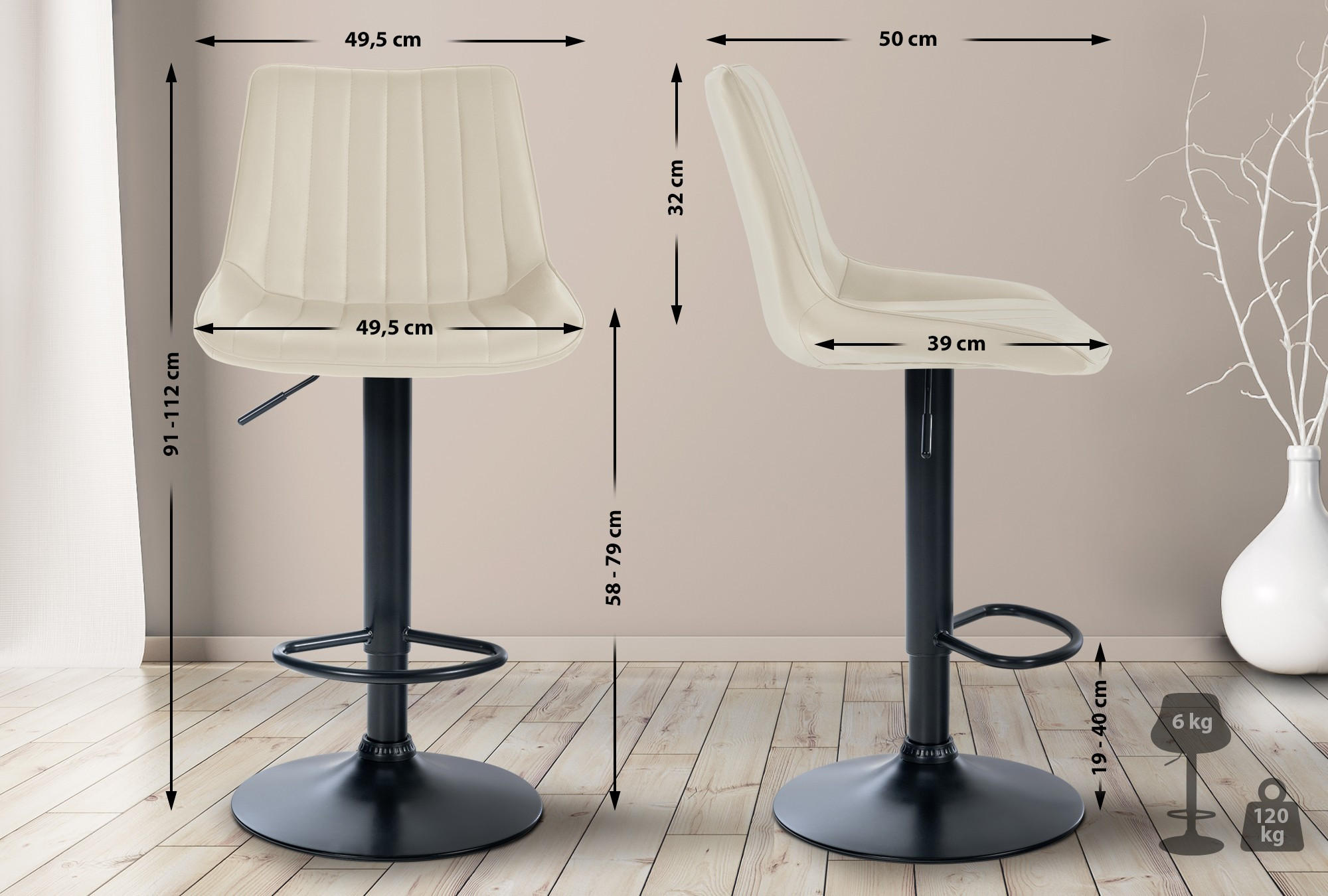 BARHOCKER RIO Creme Kunstleder Schwarz - Creme, Leder/Metall (49.5/91/50cm) - DELUKE