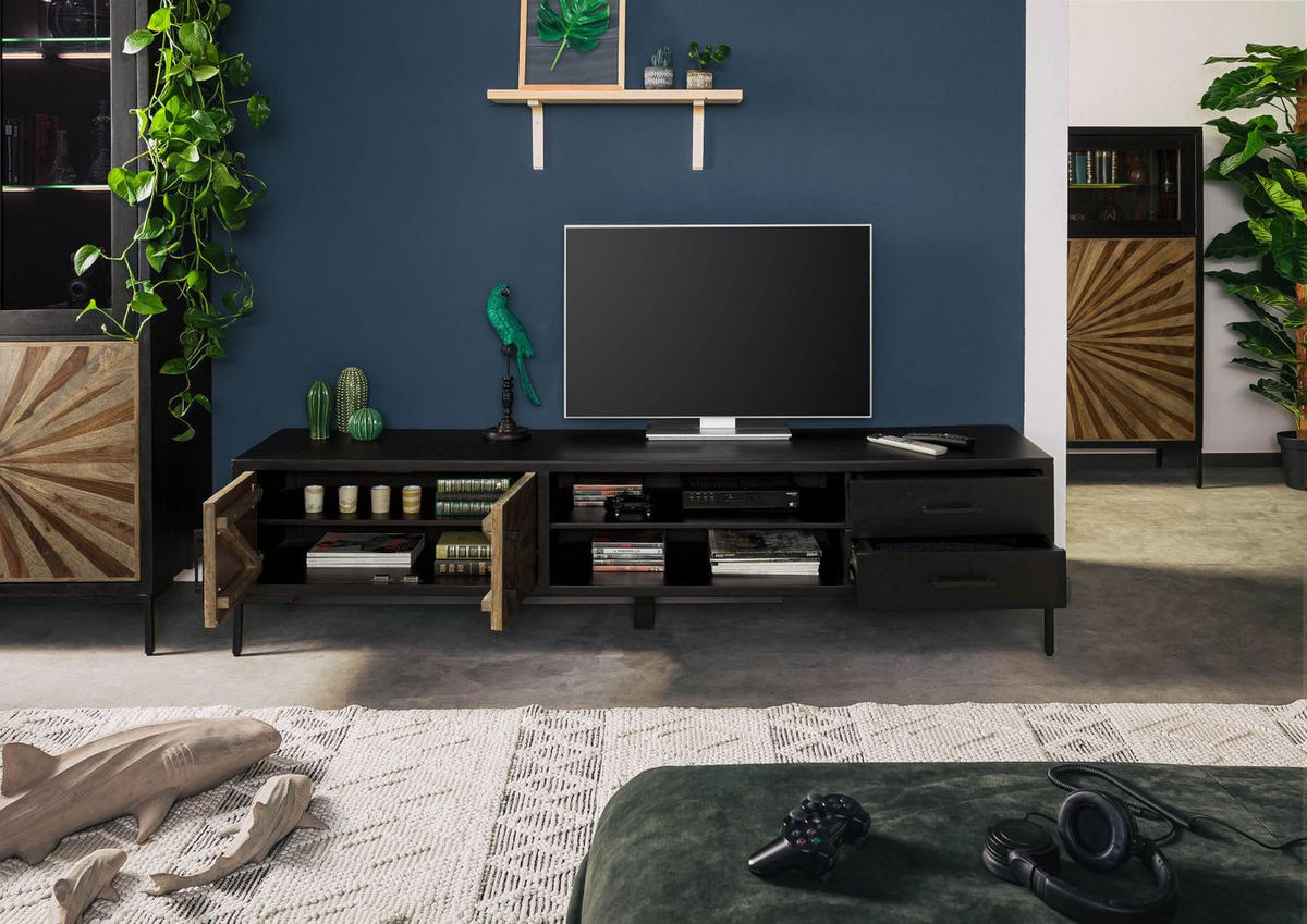 TV-BOARD Sheesham 210x45x50 schwarz lackiert SUN #107 - Schwarz, Holz (210/50/45cm) - Massivmoebel24
