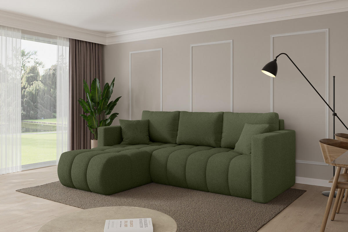 ROHOVÁ SEDAČKA s funkcí spaní, otoman vlevo GARD-L 226x146x85 zelená bouclé - černá/zelená barva, kompozitní dřevo/textil (226/146cm) - ALTDECOR