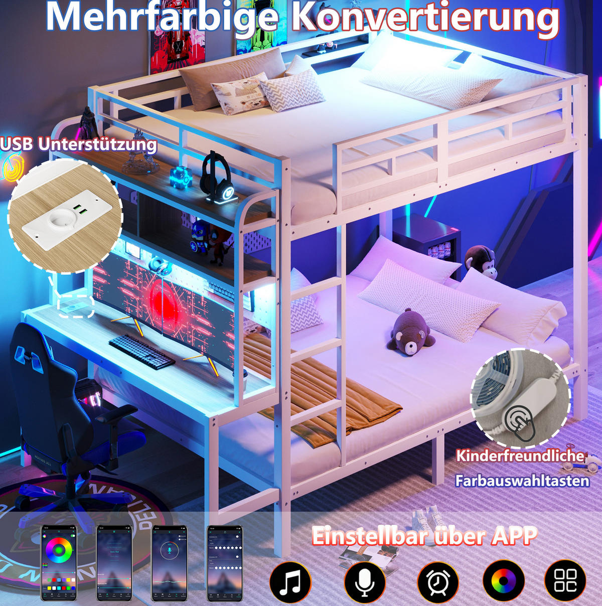 ETAGENBETT 140/200 cm aus Metall mit Schreibtisch, LED-Lichtleiste und USB-Anschluss Weiß - Weiß, Metall (140/200cm) - Modenvie