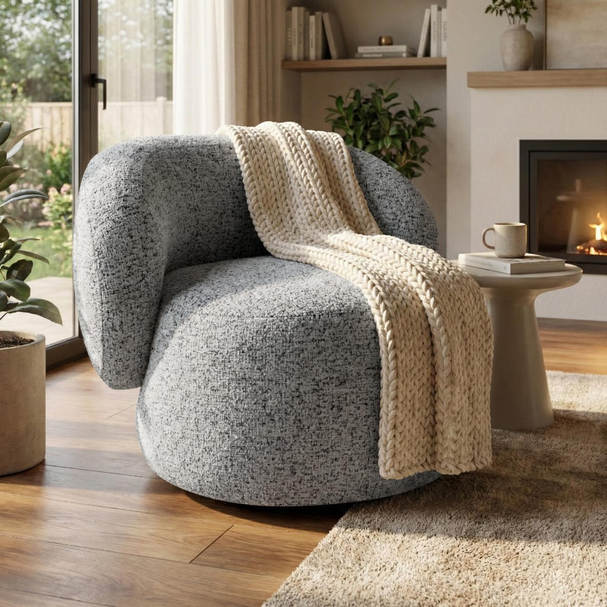 SESSEL Mao, Drehsessel mit runder Form, Silber, Chenille-Stoff - Silberfarben, Textil (99/82/91cm) - Beautysofa