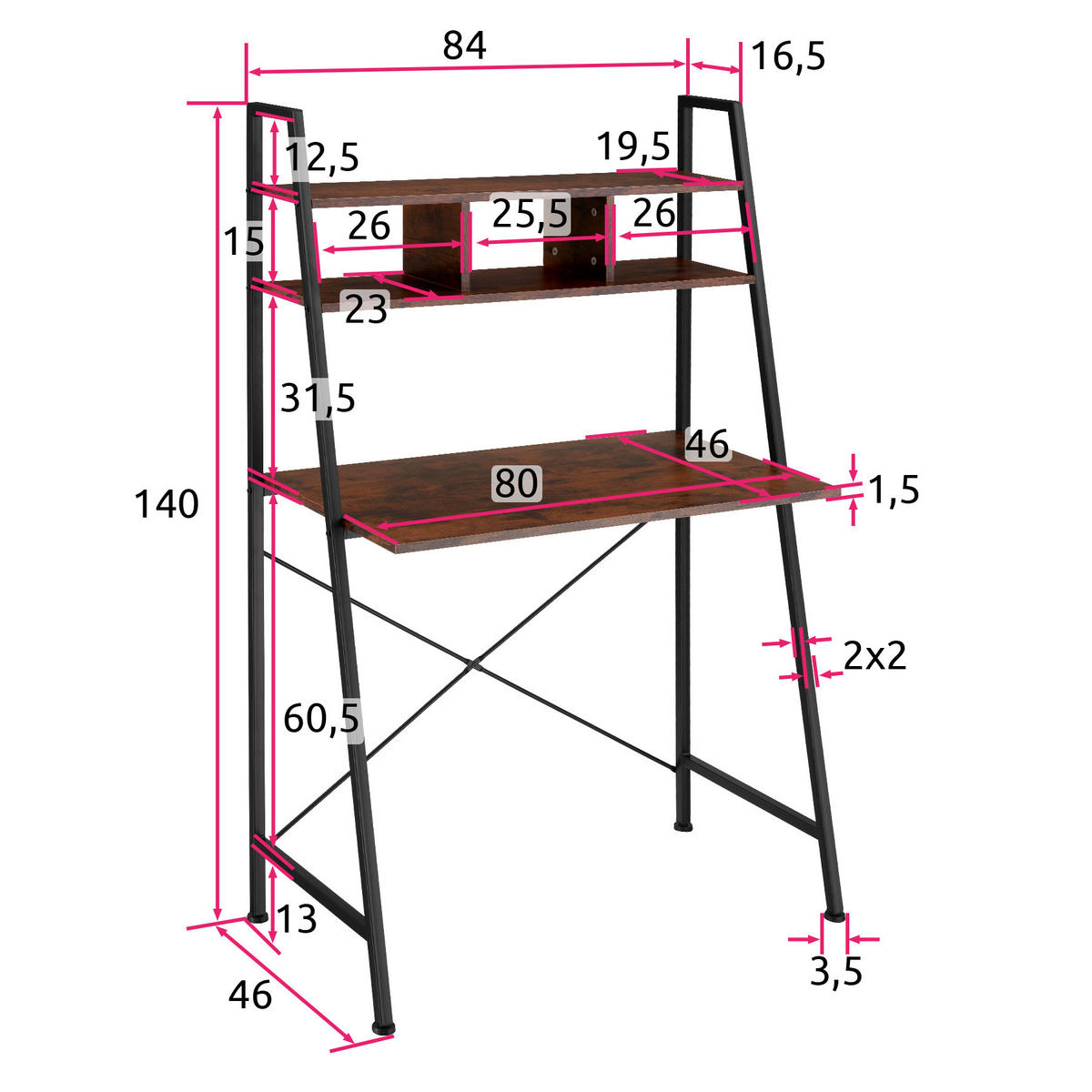 SCHREIBTISCH Exeter,85,5 x 46,5 x 140 cm,Industrial Holz dunkel, rustikal - Rostfarben, Holzwerkstoff (85.5/46.5/140cm) - tectake