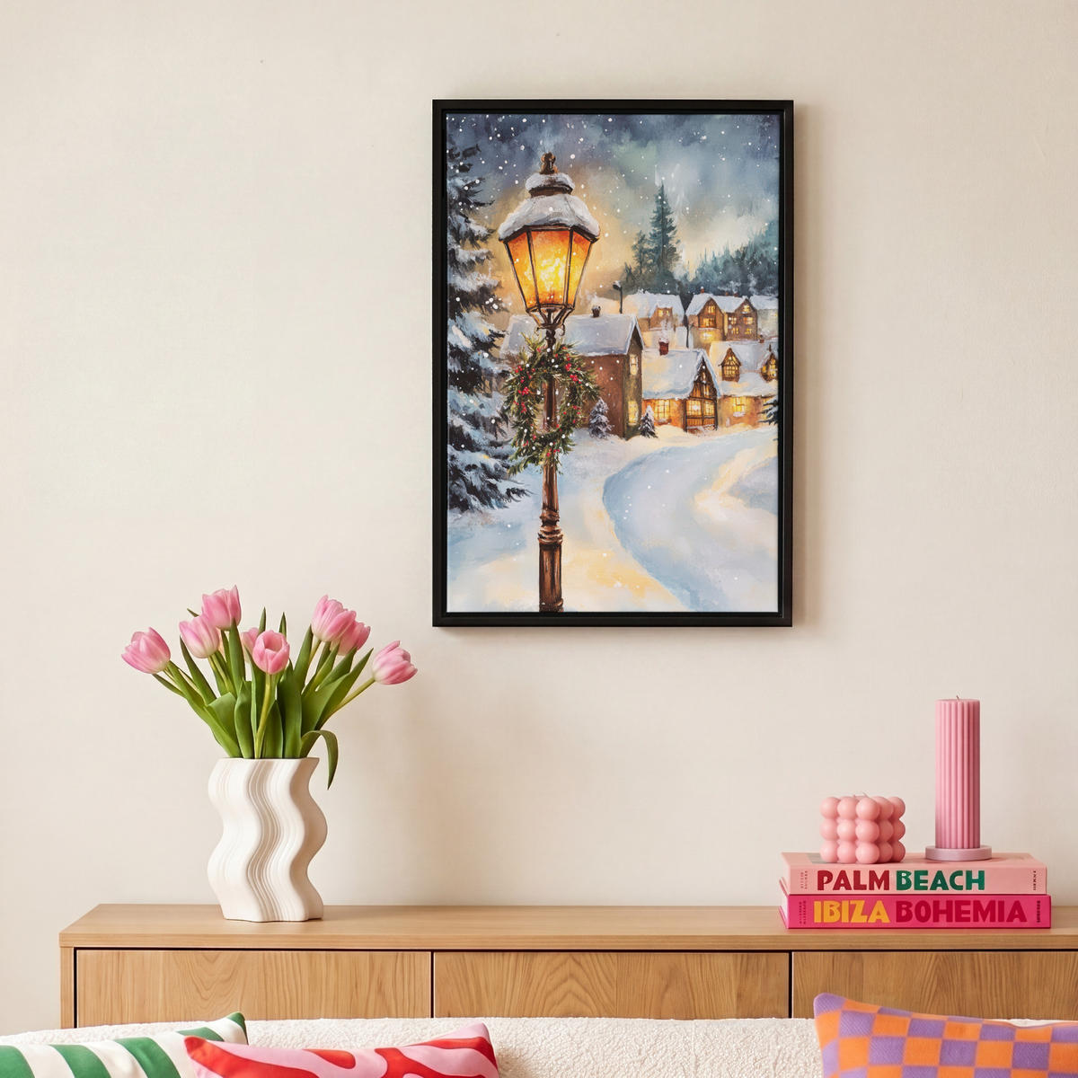 LEINWAND Bilder mit Rahmen - Weihnachtsdorf - Häuser - Schnee - Weihnachten - 20x30 - Sandfarben, Textil (20/30cm) - MuchoWow