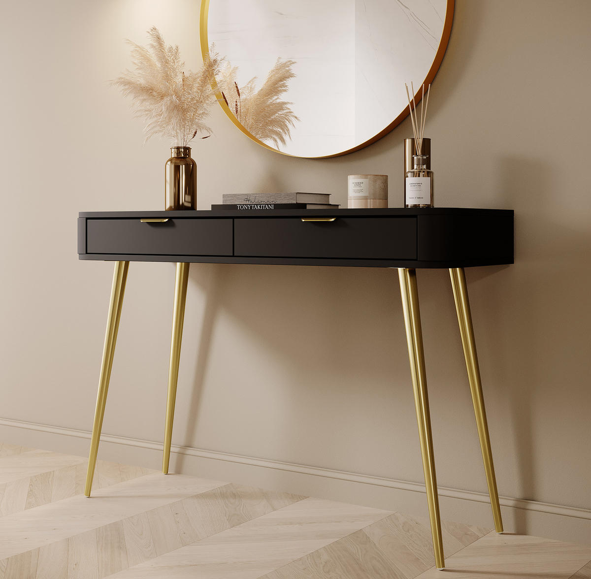 KONSOLENTISCH Oval Schwarz 112 cm - Goldfarben/Schwarz, Holzwerkstoff/Metall (38/112/78cm) - Selsey