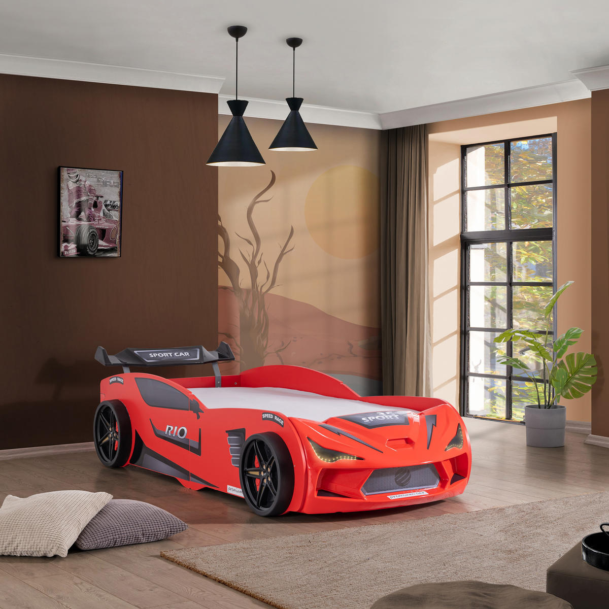 AUTOBETT 90x200 Rio Kinderbett mit LED Leuchte und Lattenrost - Rot, Holzwerkstoff (90/200cm) - Aileenstore