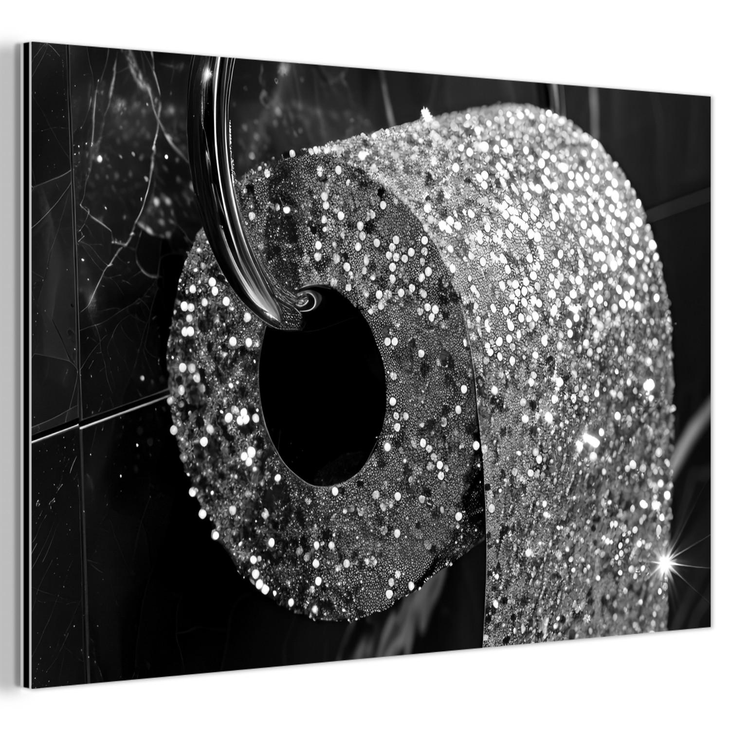 MuchoWow KOVOVÝ OBRAZ WC - Toaletní papír - Černá a bílá - Třpytky 90x60 cm