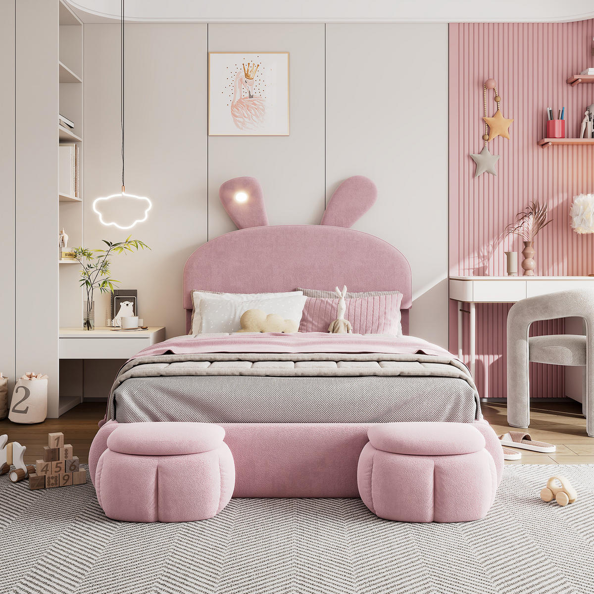 POLSTERBETT Hasenohren 140/200 cm Rosa mit LED, Hydraulik und Stauraum - Rosa, Textil (140/200cm) - MIVRAY