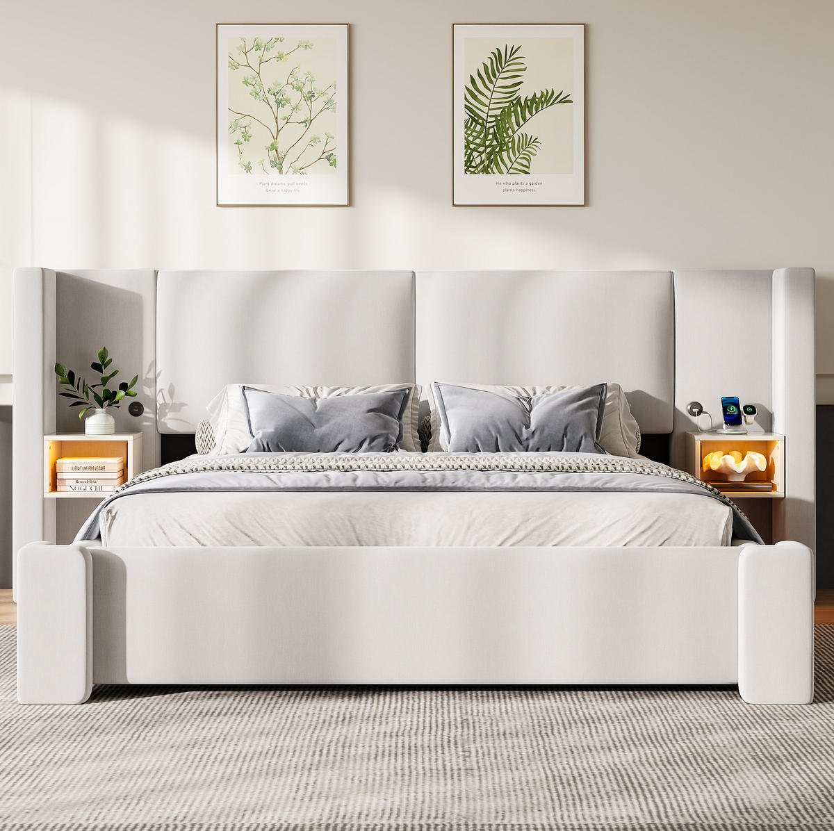 POLSTERBETT aus Leinen und MDF 180x200 cm Beige mit hydraulischem Bettkasten und LED-Nachttischen - Beige, Textil (180/200cm) - Modfu