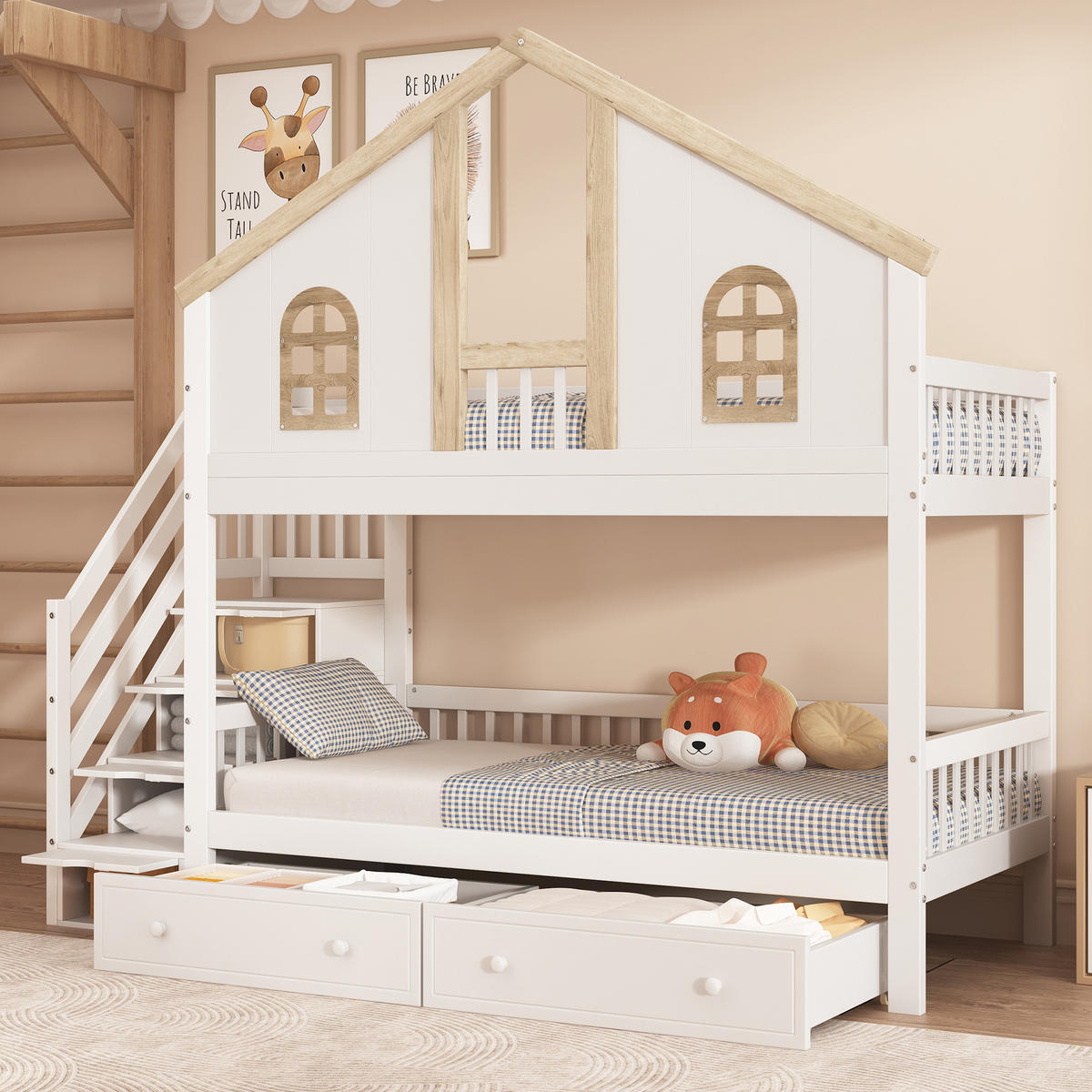 HAUSBETT 90/200 cm Weiß/Natur mit Stauraumtreppe und 2 Schubladen - Weiß, Holzwerkstoff (90/200cm) - Flora Grace