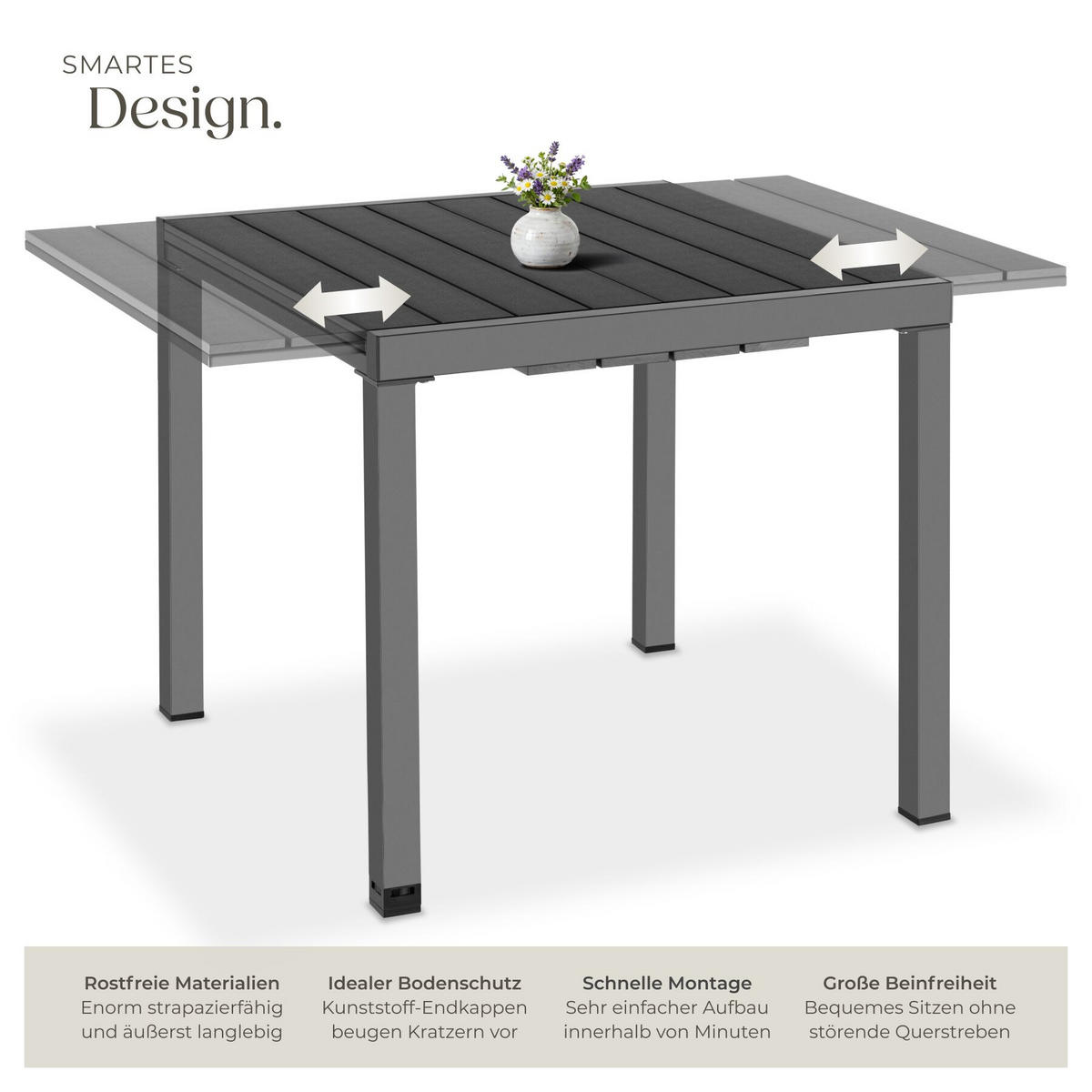GARTENTISCH aus Aluminium Inca, 80–120 x 80 x 74 cm, schwarz - Schwarz, Kunststoff (120/80/74cm) - tectake