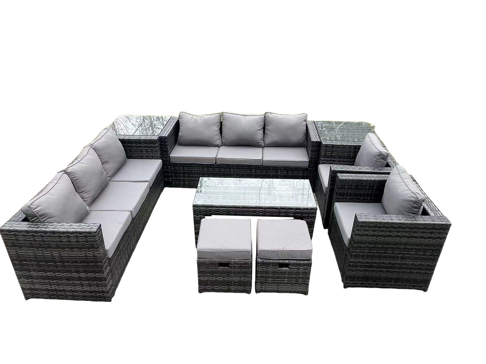 GARTENMÖBELSET mit Couchtisch Polyrattan 10-Sitzer - Dunkelgrau/Grau, Glas/Kunststoff - Fimous