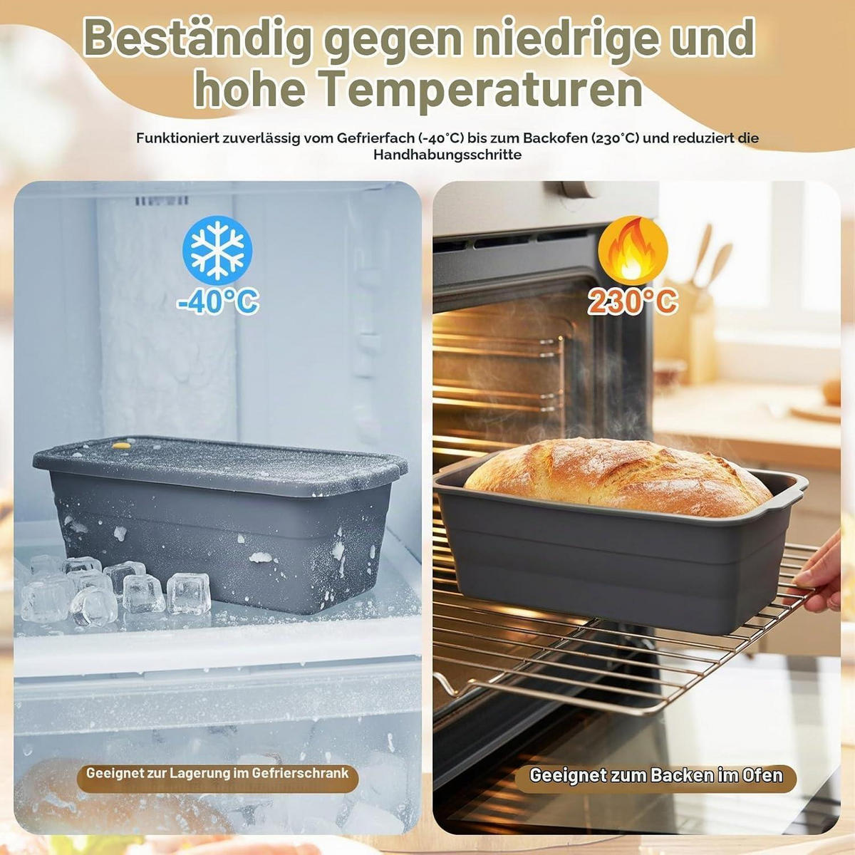 BROTBACKFORM Silikon klappbar mit Deckel 32 x 14,5 x 11,5 cm - Grau, Kunststoff (14.5/11.5/32cm)