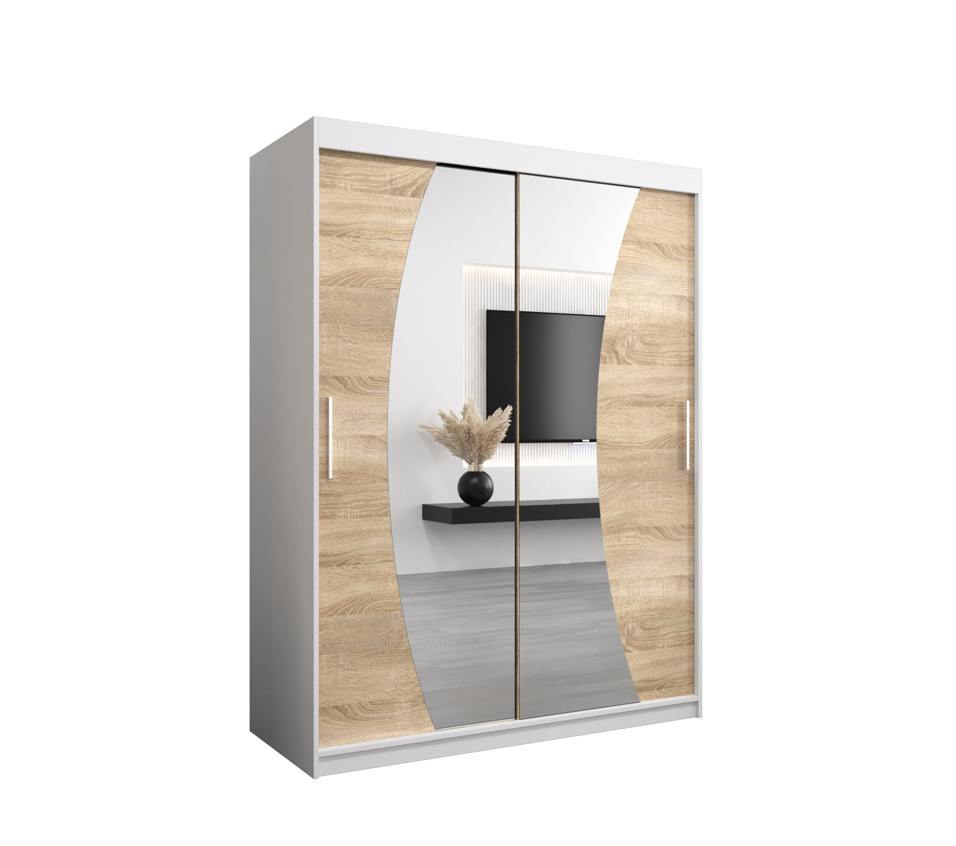 Abiks Möbel Schwebetürenschrank Weiß, Sonoma Eiche 150x200x62 cm