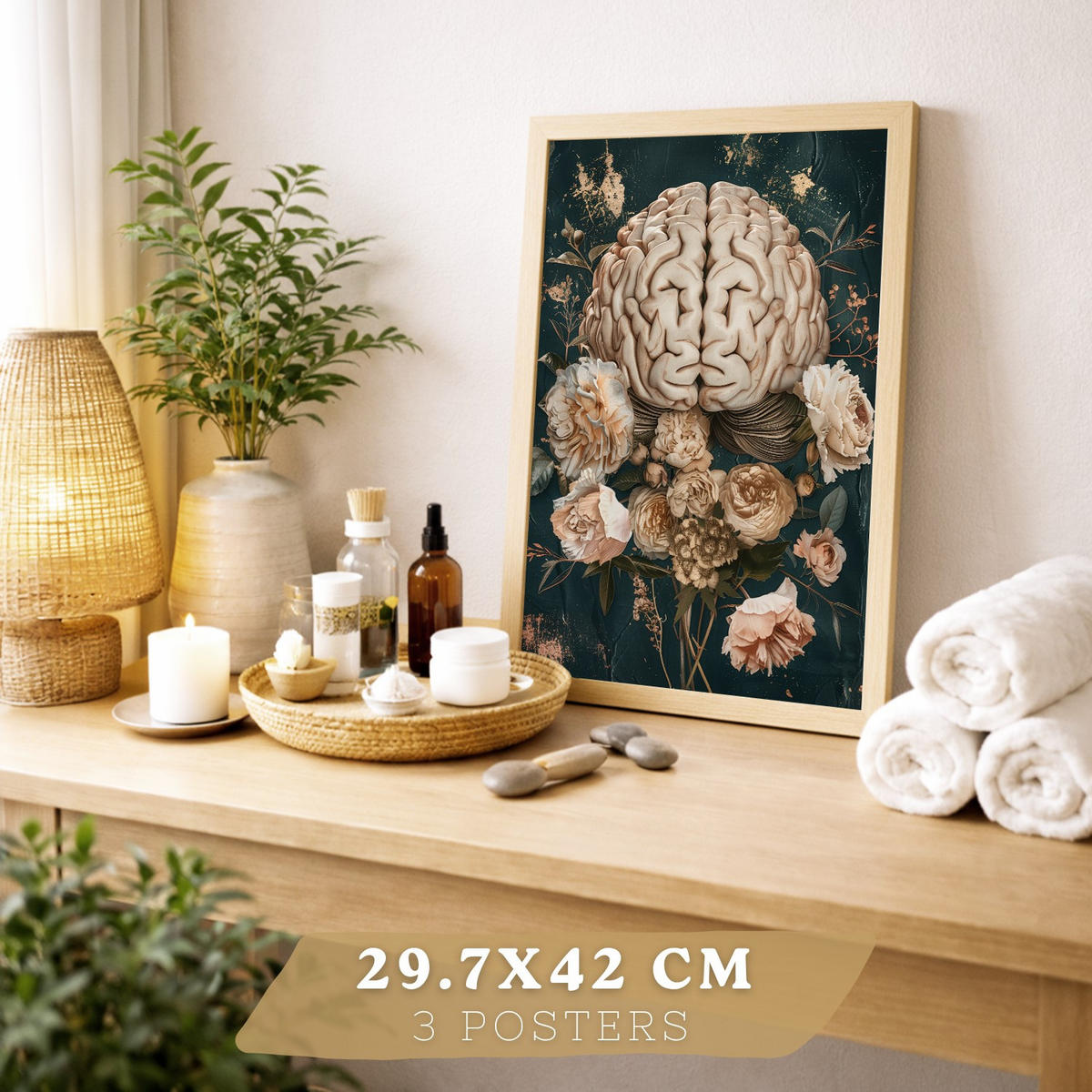 POSTER Set aus 3 Anatomie Drucke und Dekorative Wandbilder mit Herz Gehirn Lungen Atmungssystem Florales Grün Gold Design Größe Leichter Holzrahmen A3 - Beige, Papier (29.7/42/3cm) - Nacnic