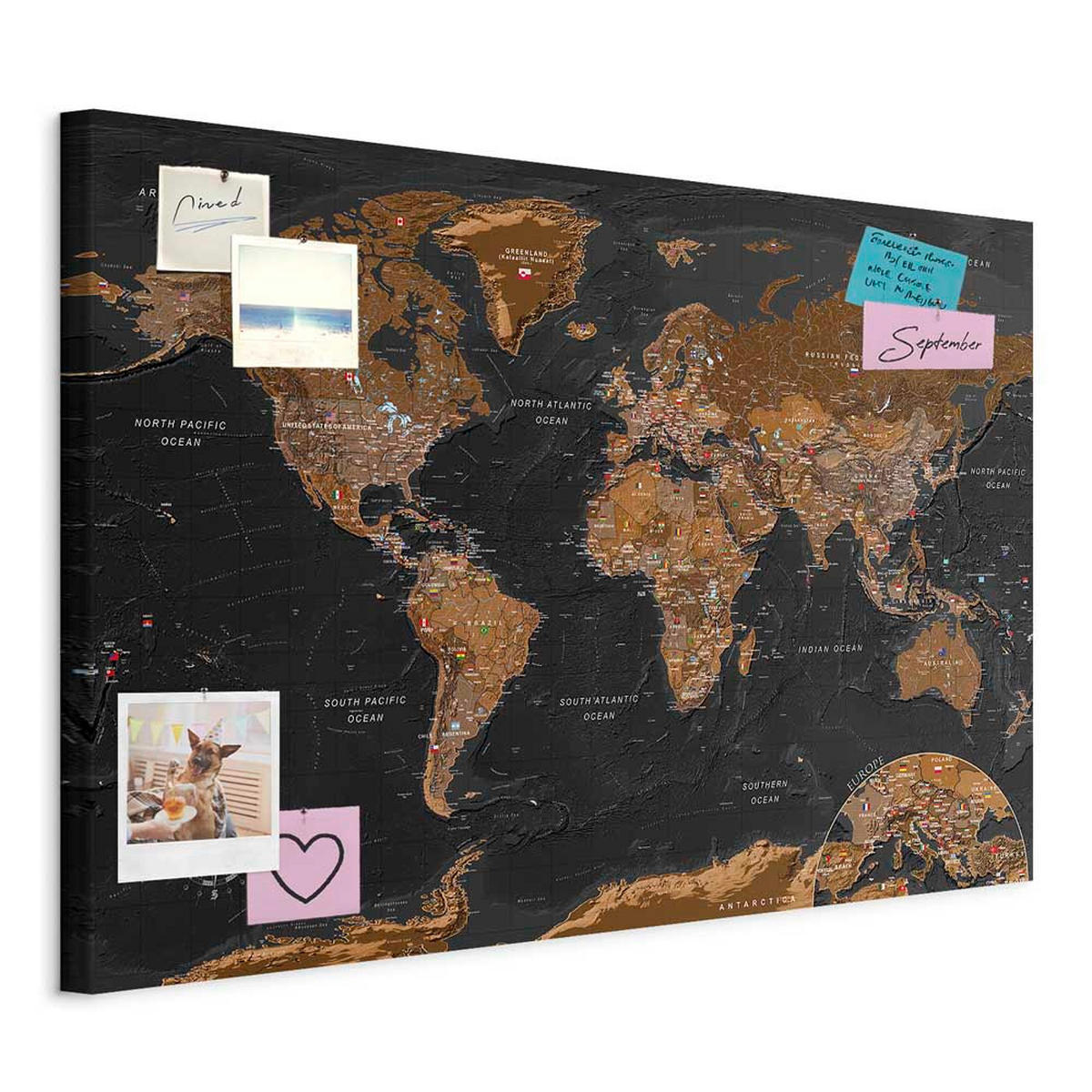 PINNWANDTAFEL Vintage Weltkarte Schwarz Braun 90x60 cm - Schwarz, Holz (90/60cm) - artgeist