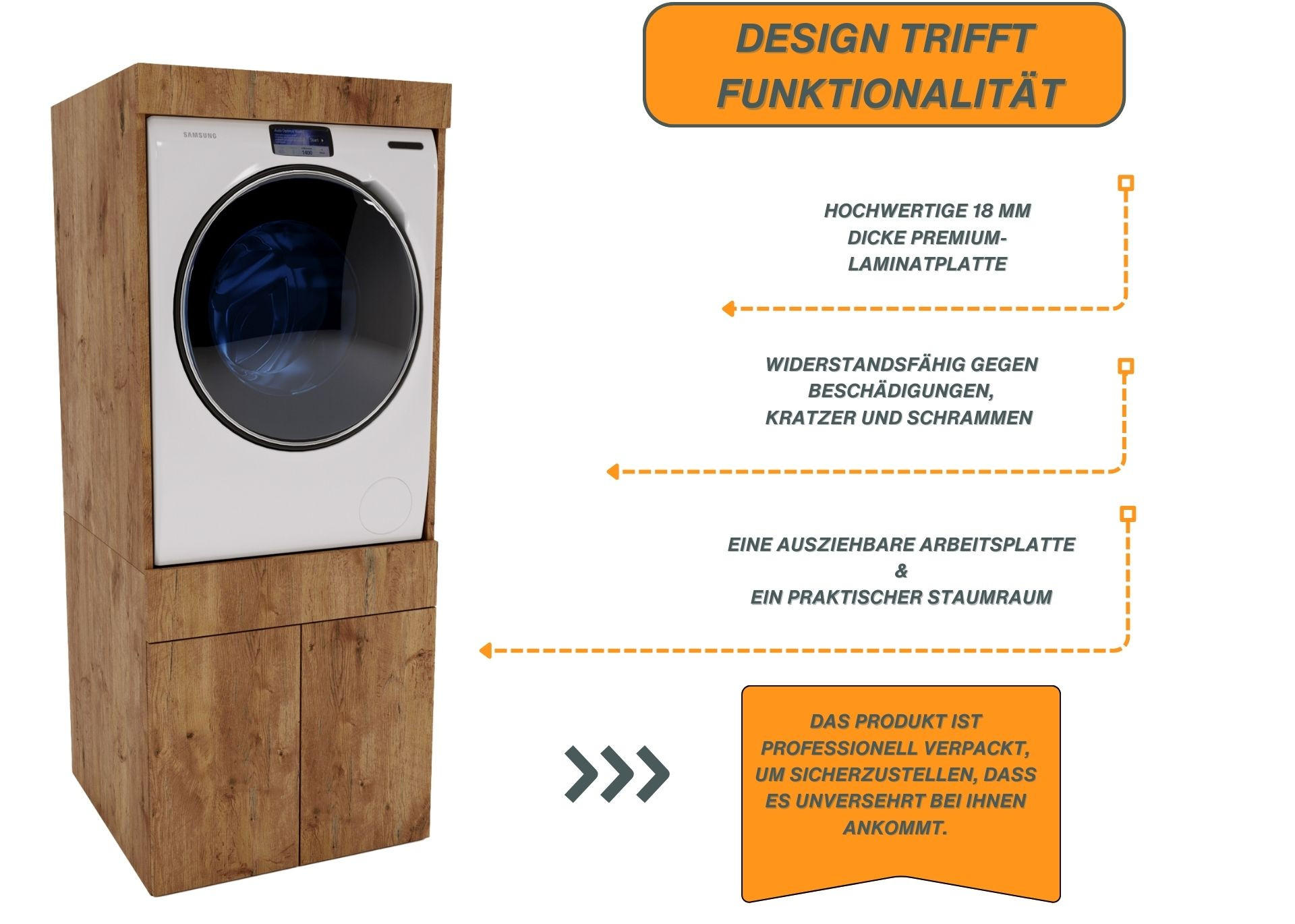 Thumbnail - CraftPAK Waschmaschinenschrank, Braun, Holzwerkstoff, 63x162x67 cm, Waschküche, Waschmaschinenschrank