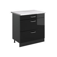 KÜCHENUNTERSCHRANK R-Line, Schwarz Hochglanz/Anthrazit, 80 cm mit 3 Schubladen Arbeitsplatte Marmor - Schwarz Hochglanz/Anthrazit, Holzwerkstoff (80/81.6/60cm) - Vicco